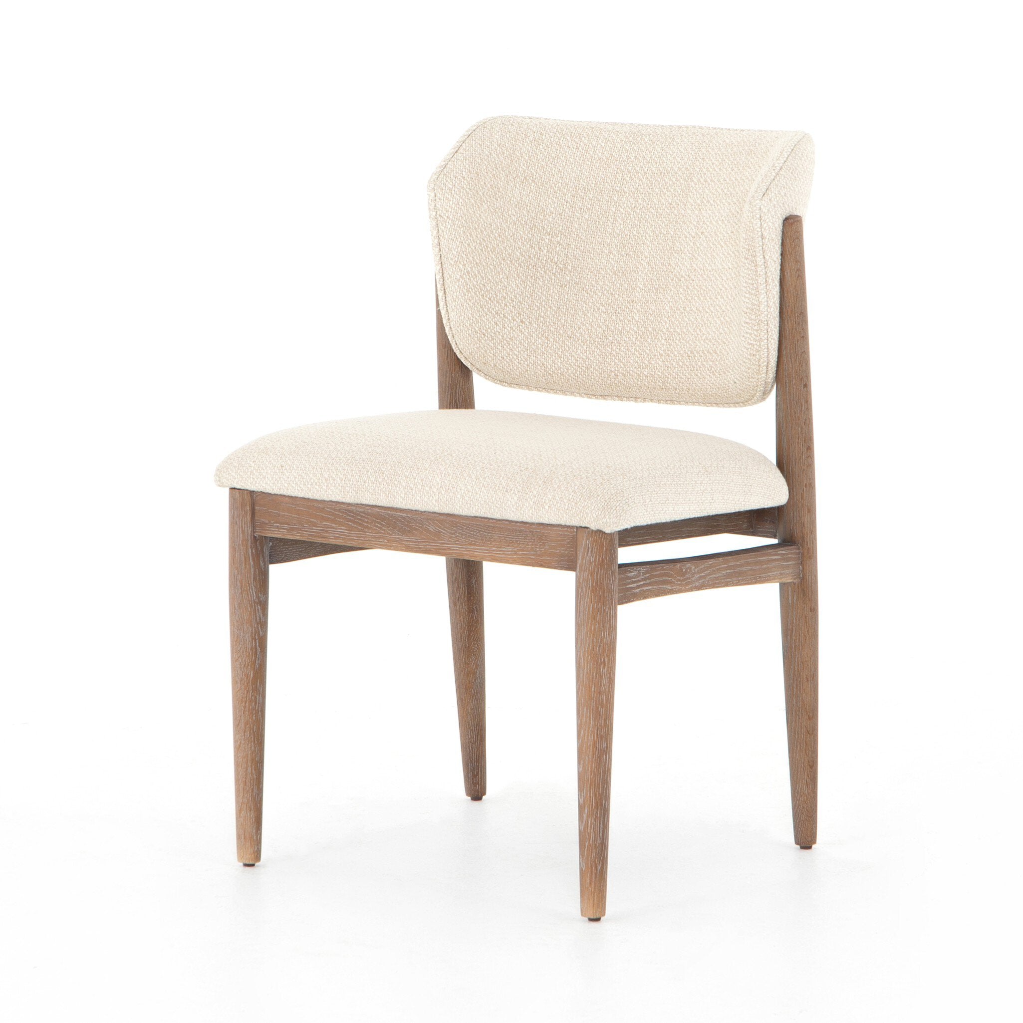 Sculptural mid-century modern Joren Dining Chair with pecan wood frame and upholstered seat side