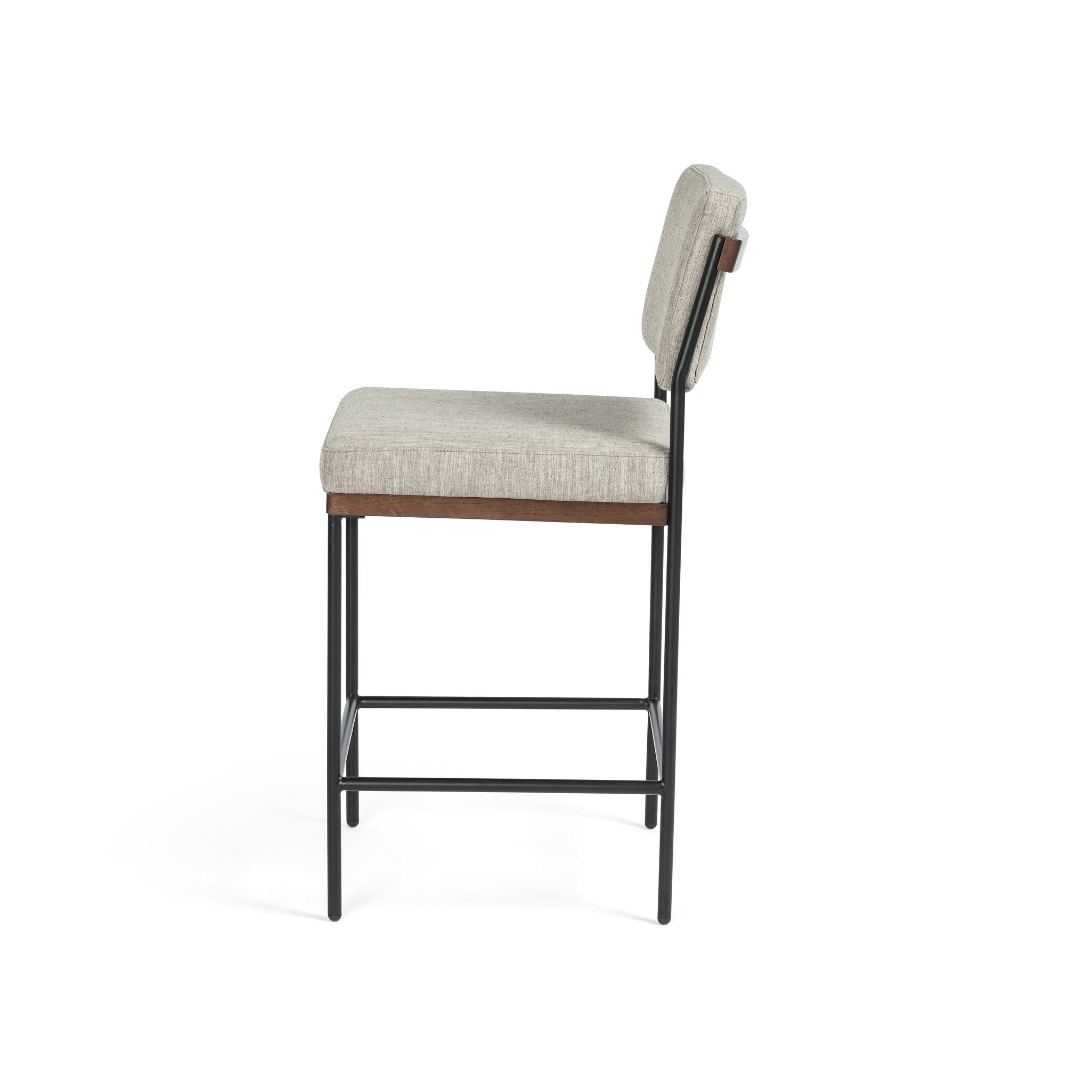 Light gray upholstered counter stool with black metal frame and wooden seat edge