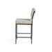 Light gray upholstered counter stool with black metal frame and wooden seat edge