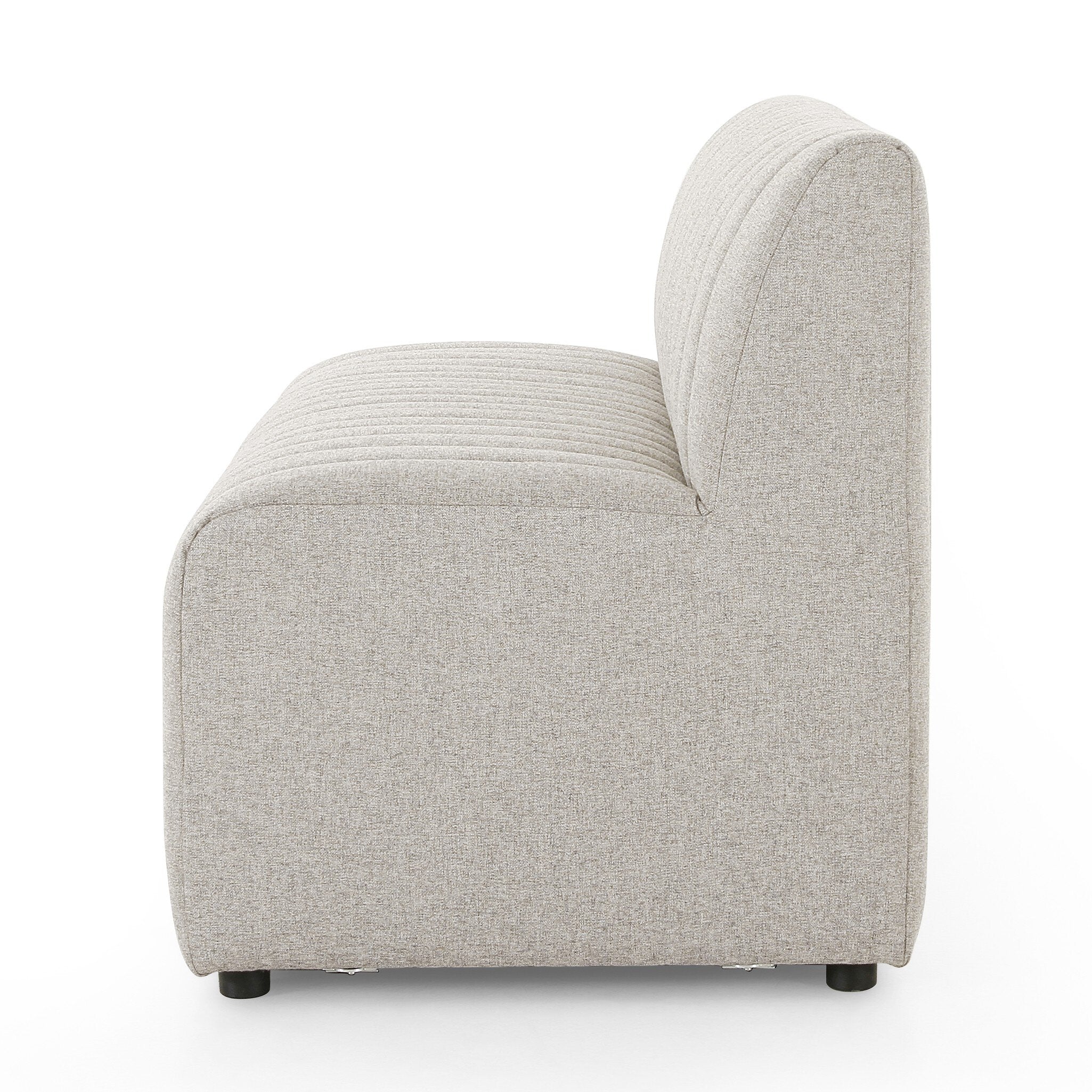 Side Center Custom Augustine dining banquette in Orly Natural neutral performance fabric with high-back tufted detailing and wood base.