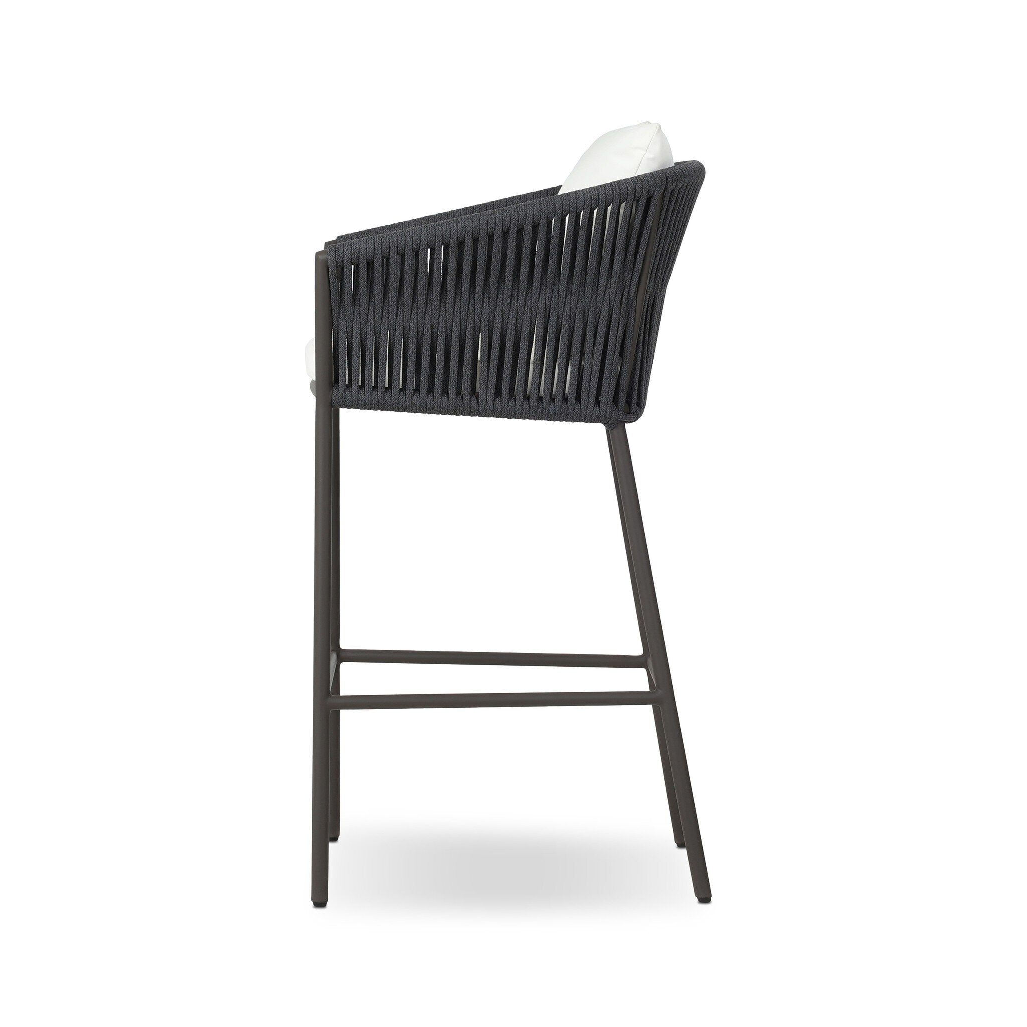 Side Contemporary coastal outdoor counter stool featuring handwoven grey rope and architectural metal base