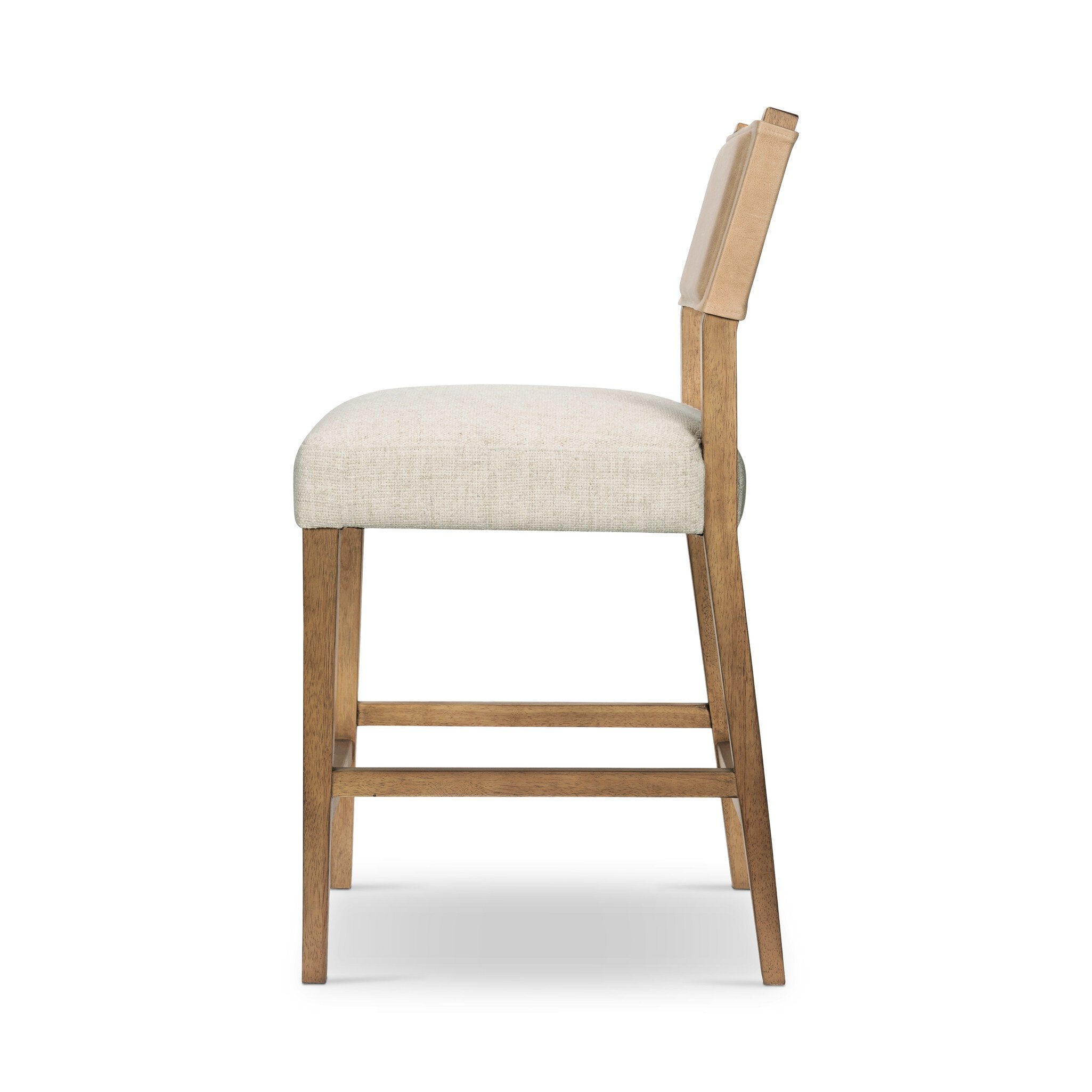 Cream counter stool with tan backrest, wooden frame, upholstered seat
