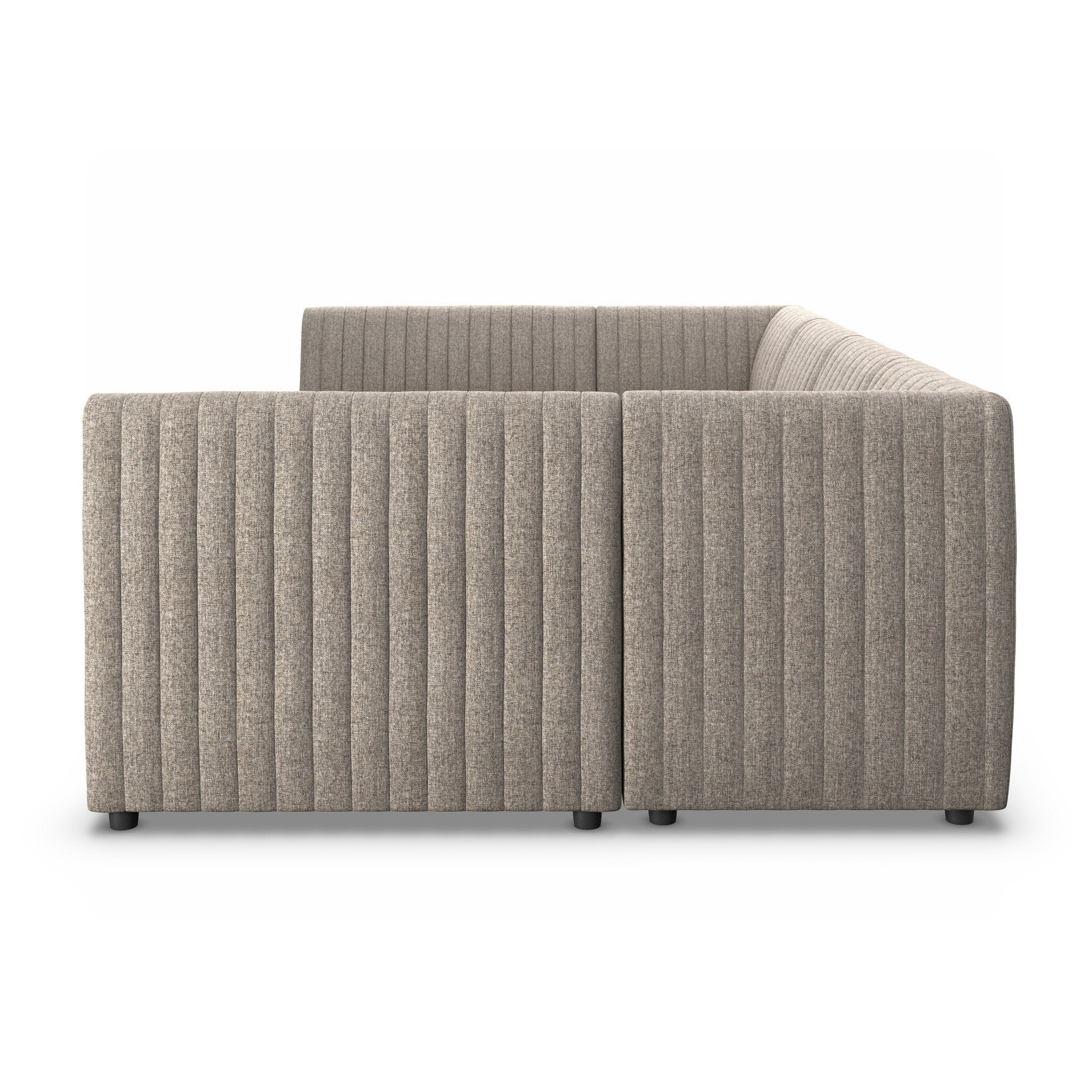 Side Detail Augustine 91.5-inch U-shape Dining Banquette in grey herringbone performance fabric with vertical channel tufting