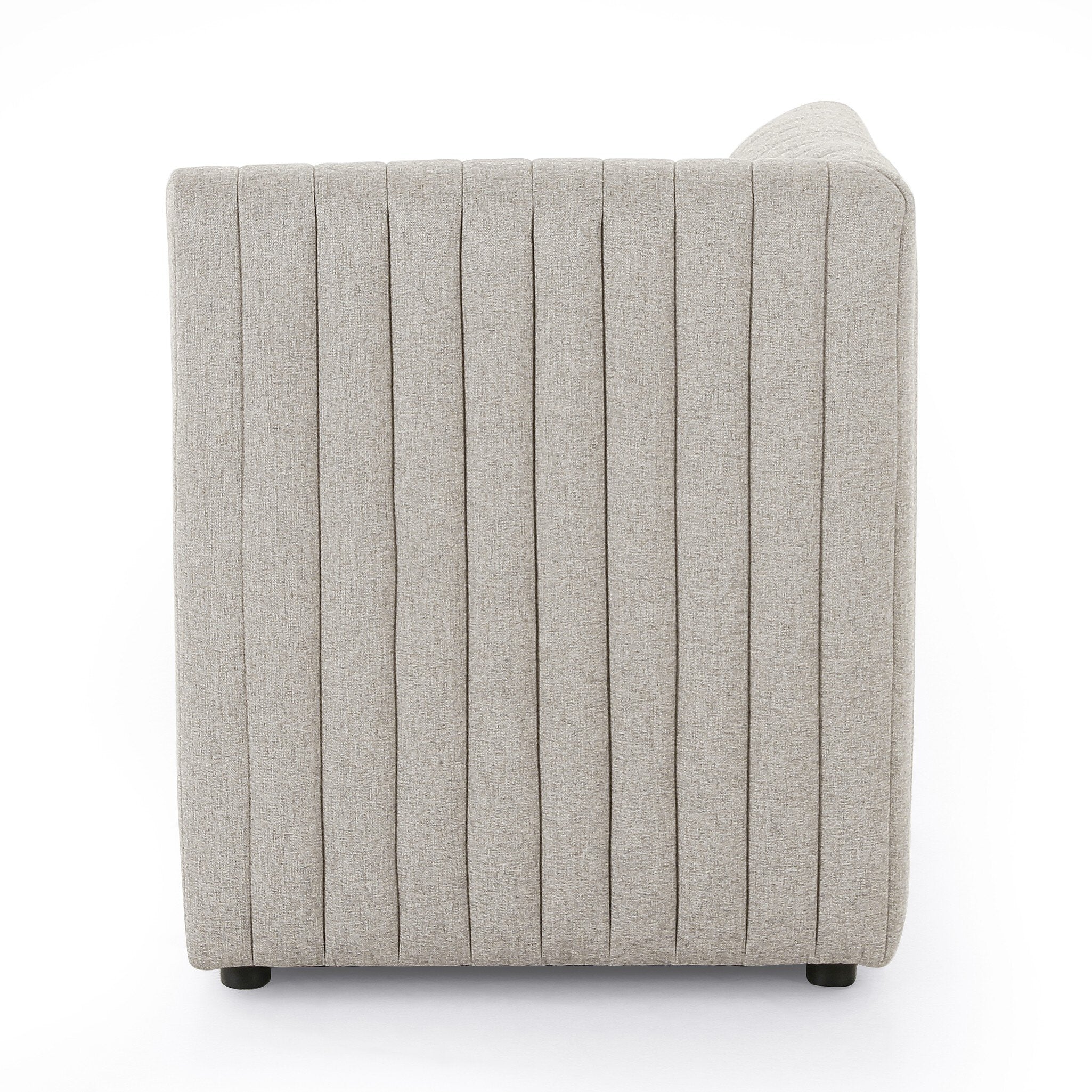 Side Center Custom Augustine dining banquette in Orly Natural neutral performance fabric with high-back tufted detailing and wood base.