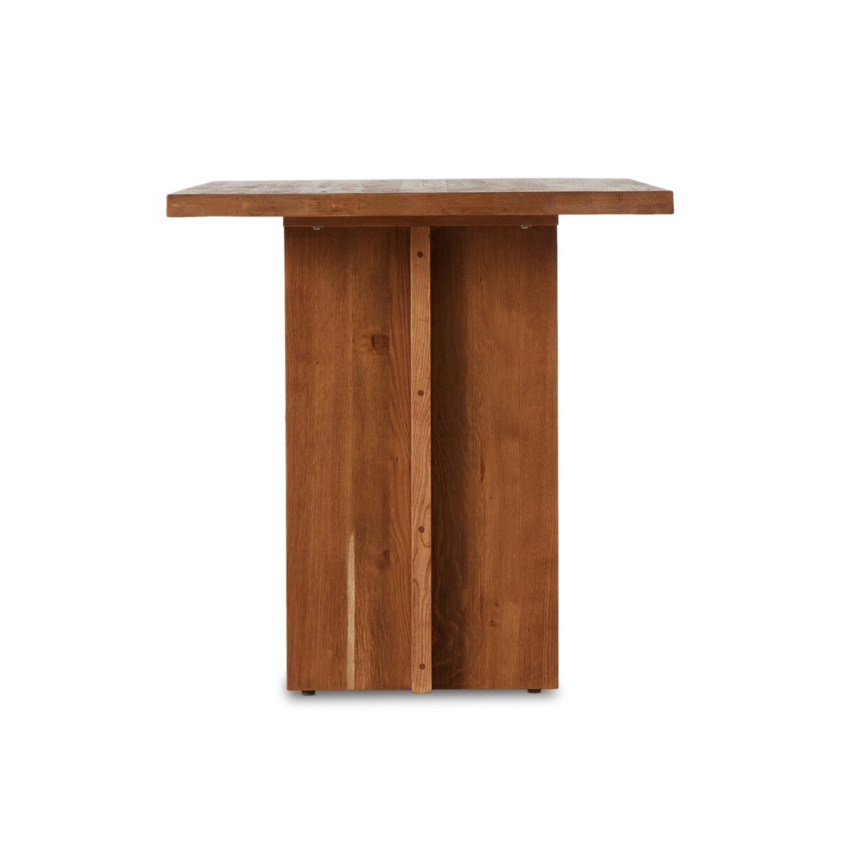 Side Erie Bar Counter Table in Smoked Oak with a chunky pedestal base and modern rustic design