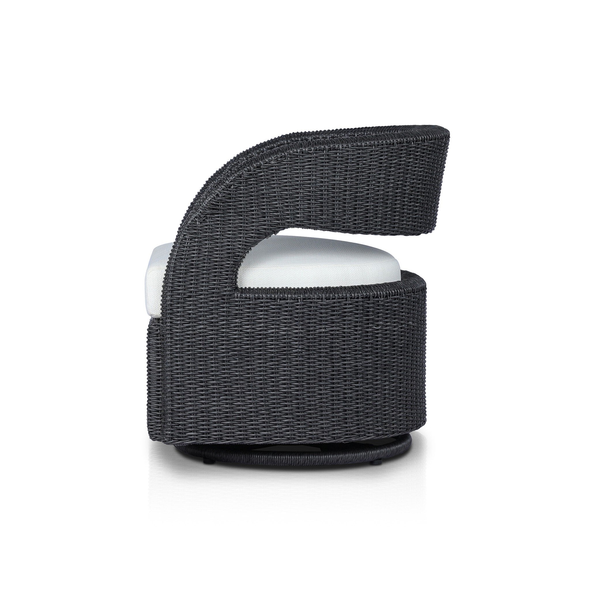 Side Hawkins Outdoor Swivel Chair in Faye Cream with a woven barrel-back and 360-degree base