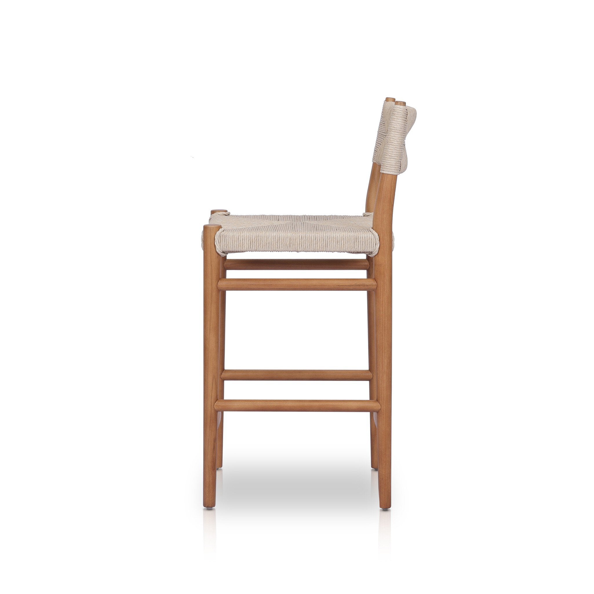 Outdoor bar counter stool from side view with vintage white woven seat and wood frame