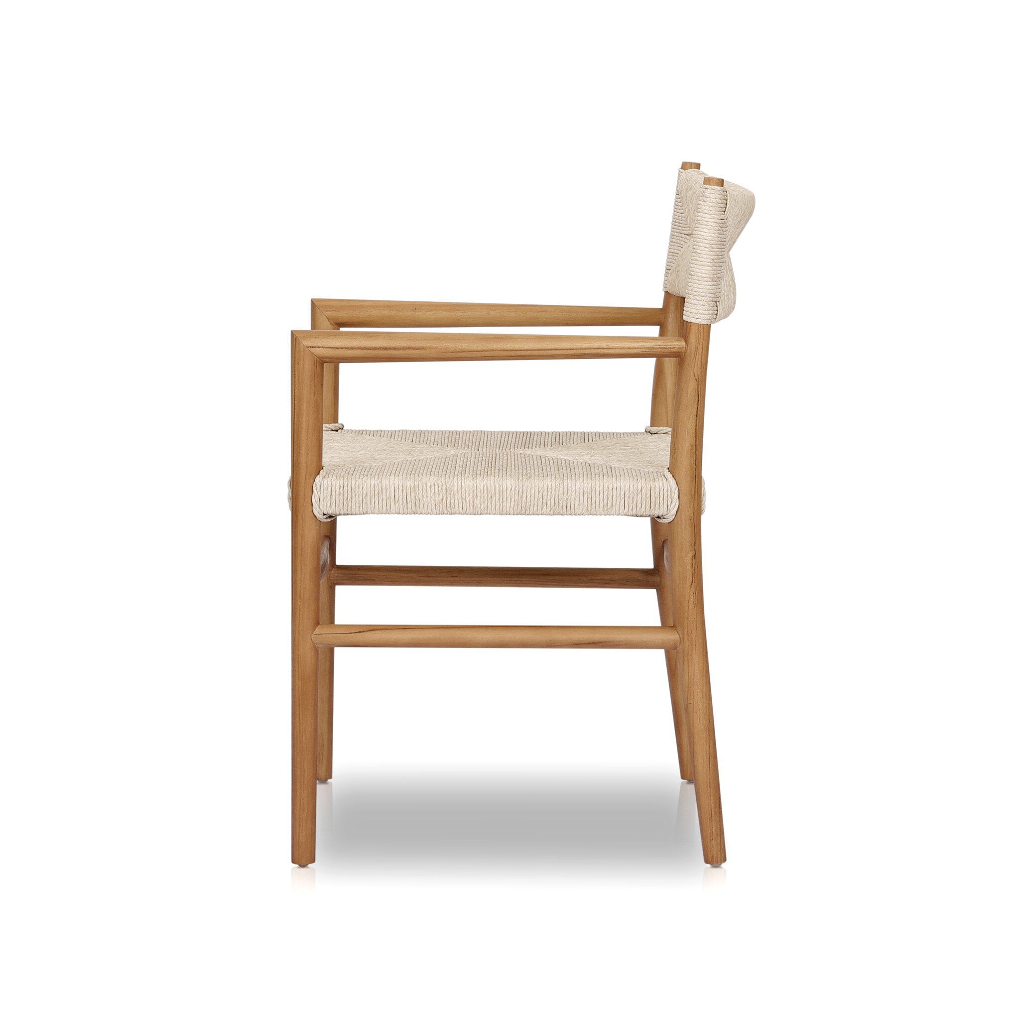 Side Lomas Outdoor Dining Armchair in Vintage White woven wicker with a tapered natural teak frame