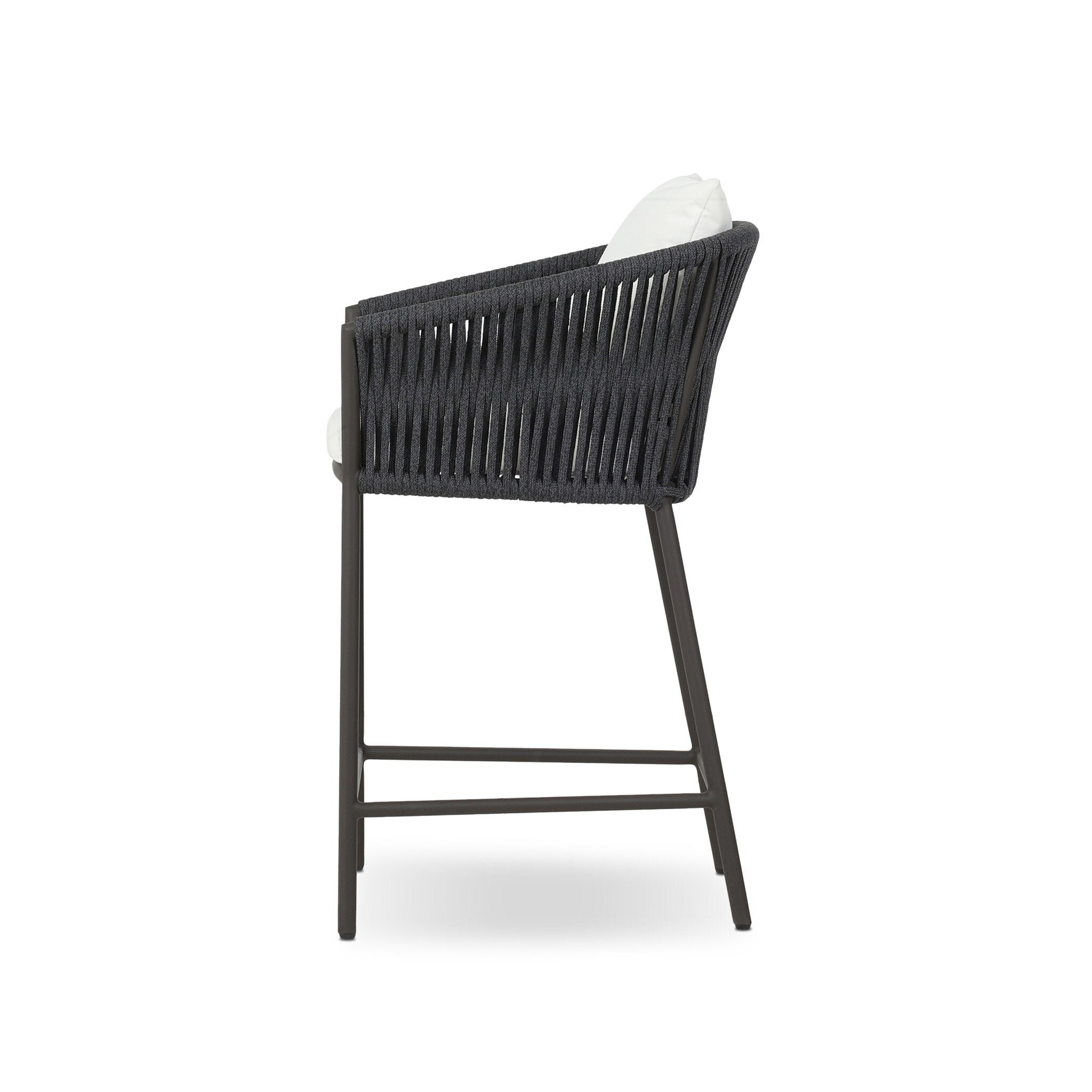 Side Modern Porto Outdoor Counter Stool with Charcoal Aluminum Frame and Dark Grey Woven Rope Barrel Back