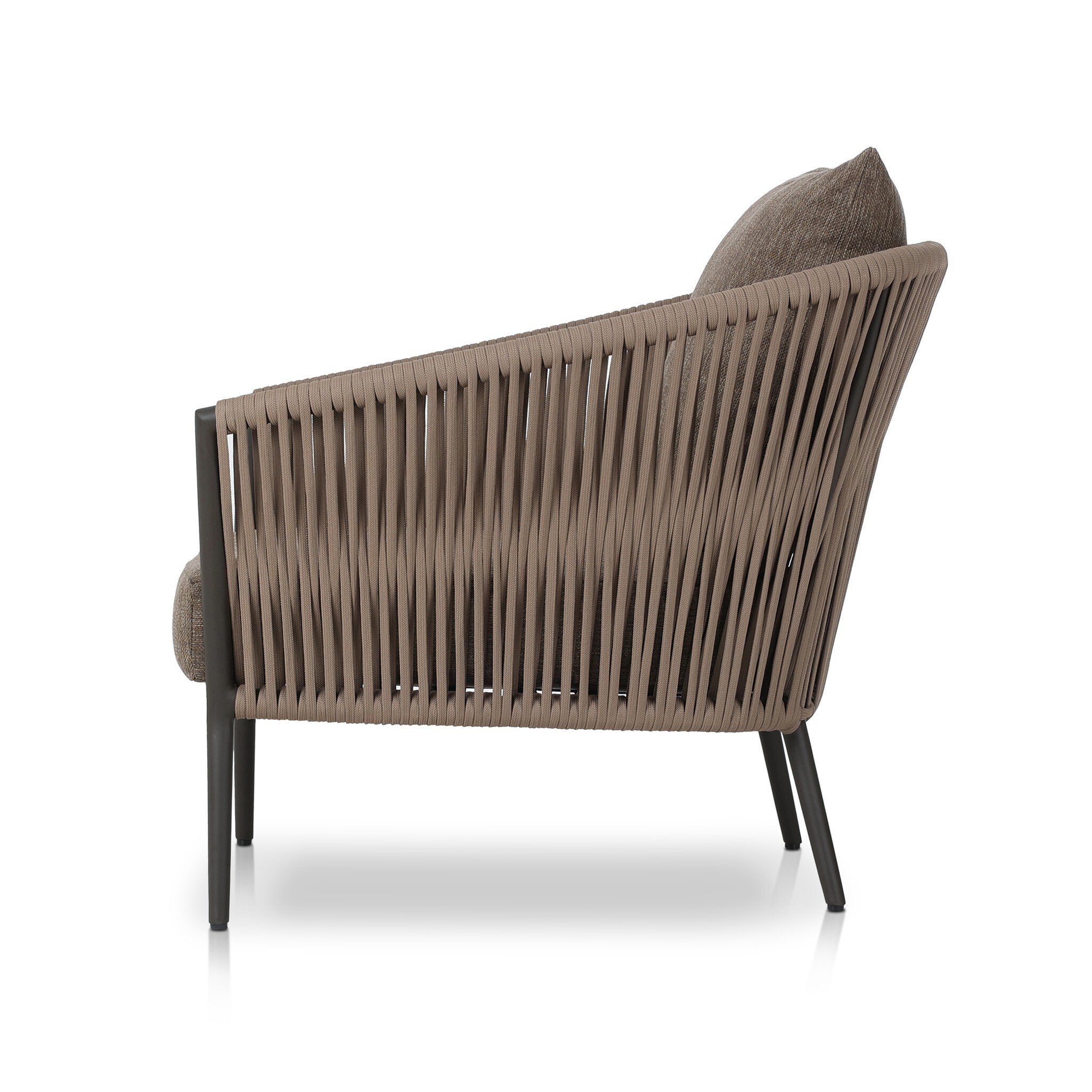 Side Porto Outdoor Chair with a natural teak frame and weather-resistant brown rope-weave backrest