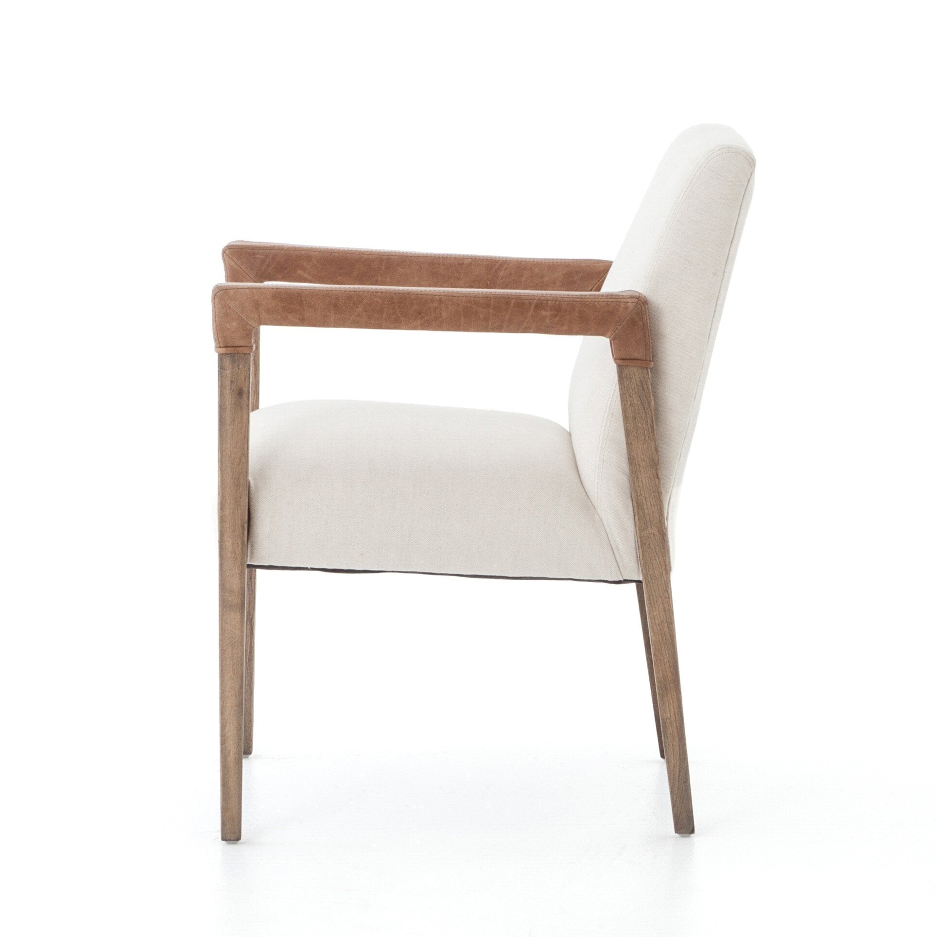 Side Reuben Dining Chair with oak frame, leather-wrapped arms, and natural linen seat