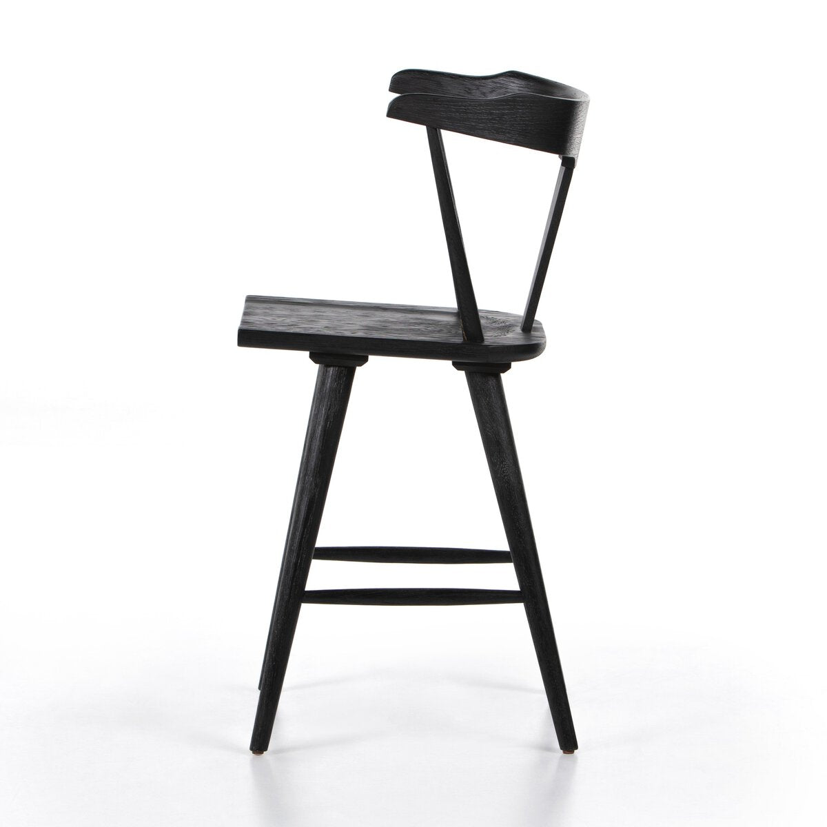 Black oak counter stool profile with curved backrest and lower shelf-style footrest