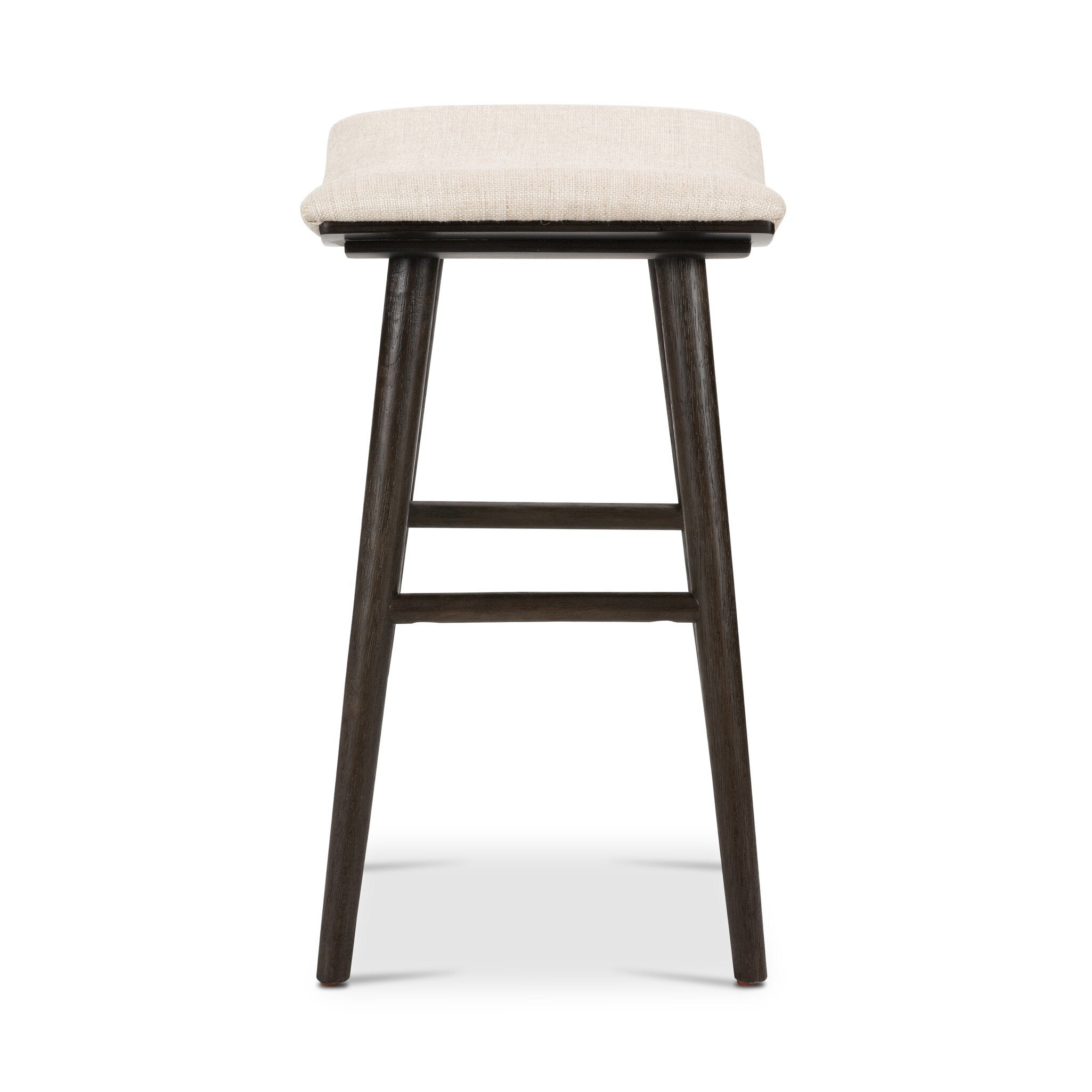Natural linen counter stool with padded seat and dark wood legs, front footrest