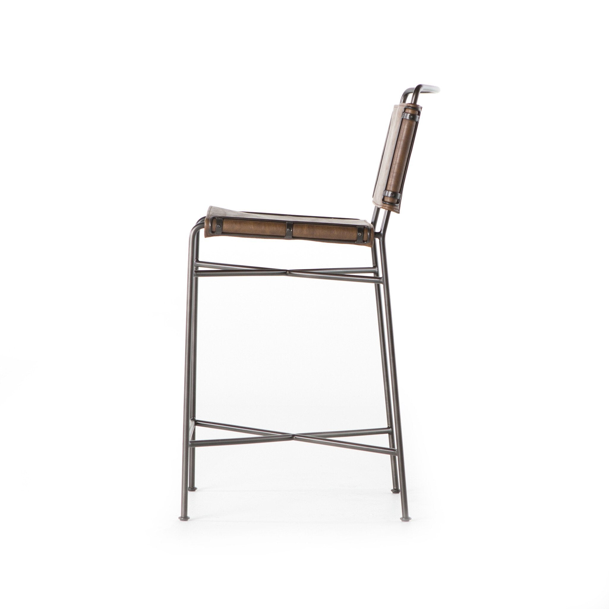 Side Wharton Counter Stool featuring Distressed Brown faux leather and industrial steel legs