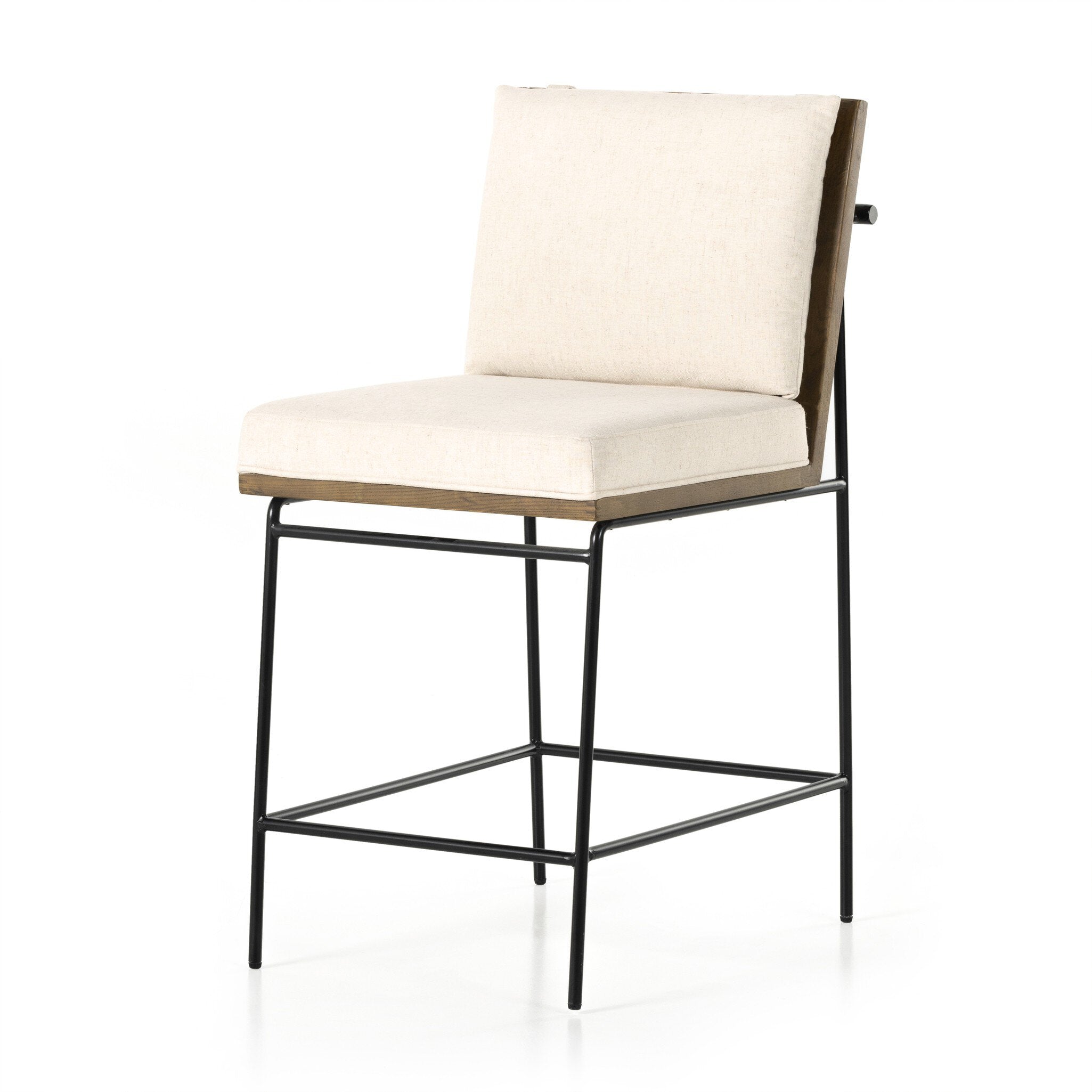 Counter stool with cream upholstered seat and tall backrest, black metal legs and footrest