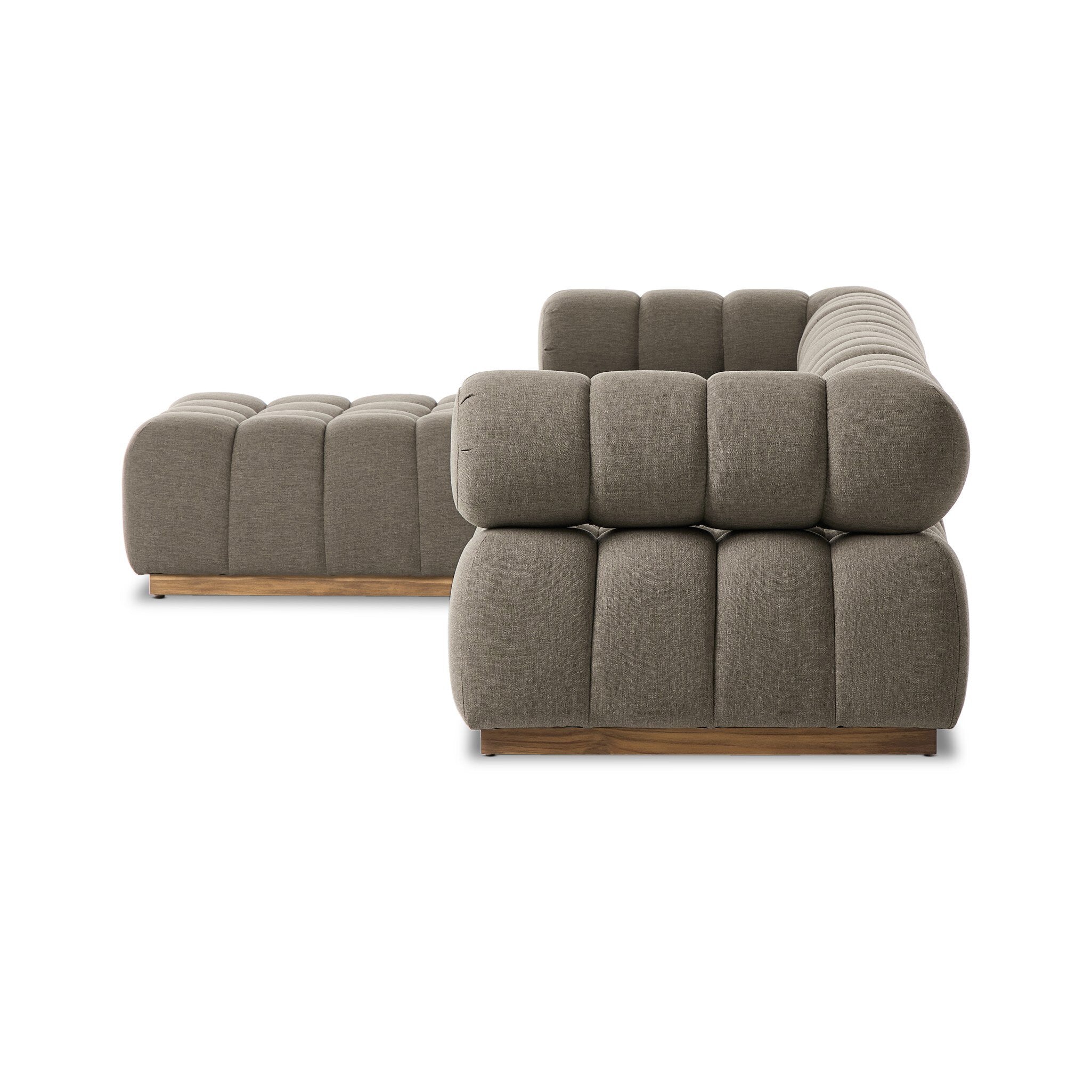 Alessi Fawn outdoor sectional with curved corner arm, padded seat cushions, and wooden base