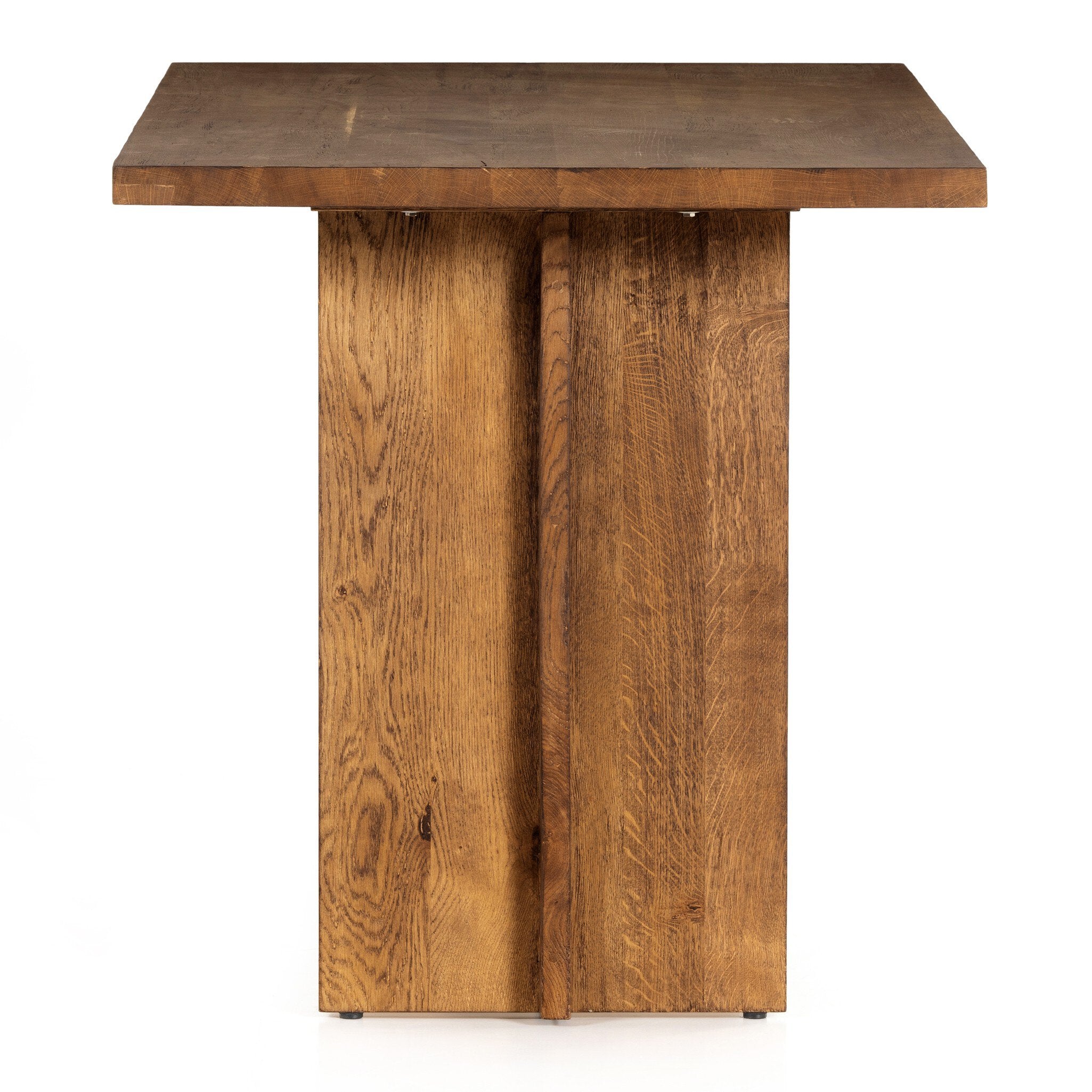 Side view Erie Bar Table in Smoked Oak with a chunky pedestal base and modern rustic design