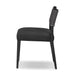 Armless dining chair with gray upholstered seat and dark backrest, front three-quarter view