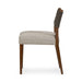 Armless dining chair with beige upholstered seat and dark fabric back, wood legs