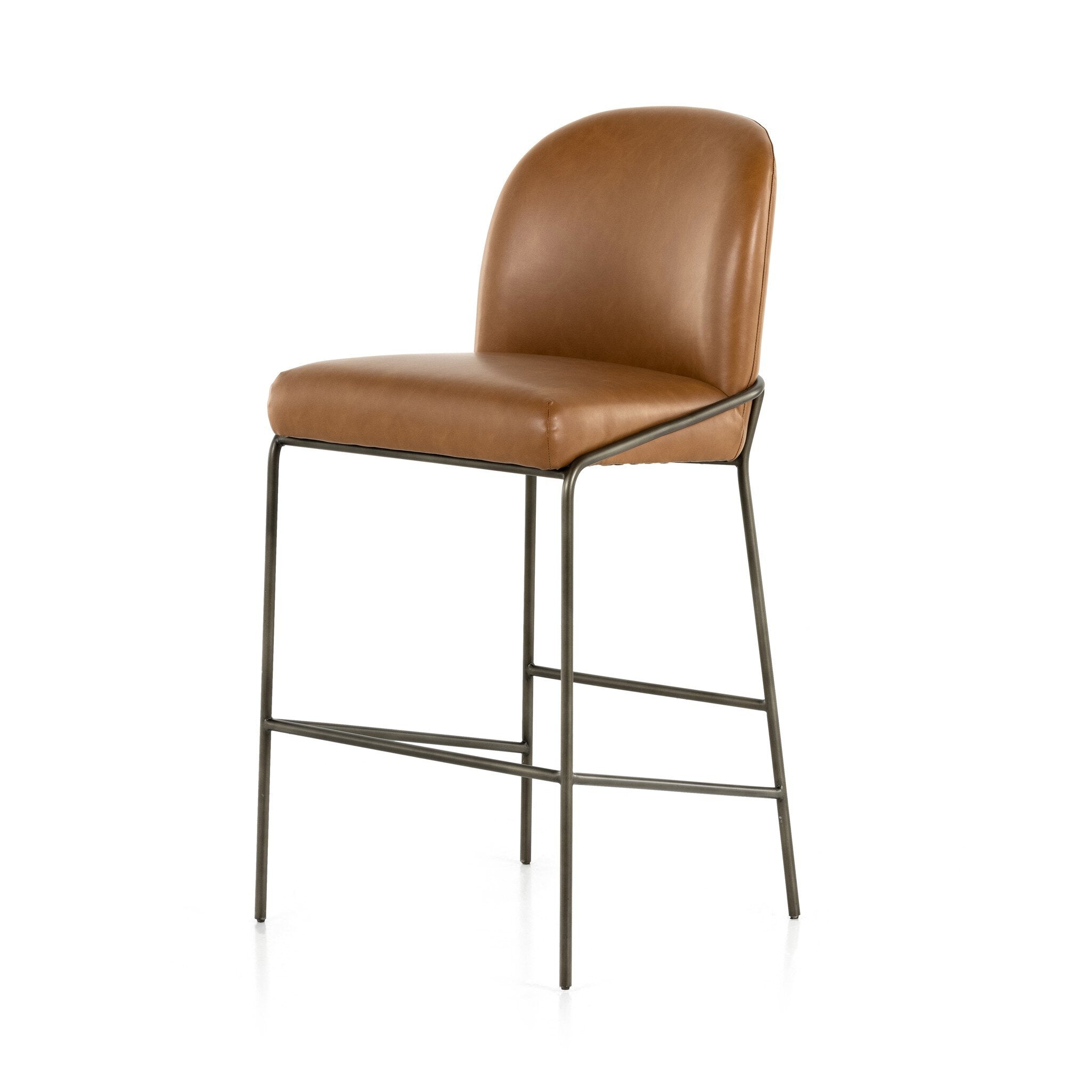 Brown bar stool with curved backrest, padded seat, and black metal footrest frame.
