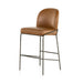 Brown bar stool with curved backrest, padded seat, and black metal footrest frame.