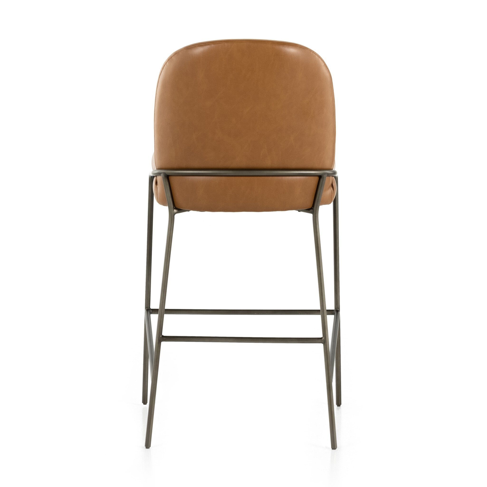 Brown bar stool back view with upholstered arched back and padded seat, black frame.