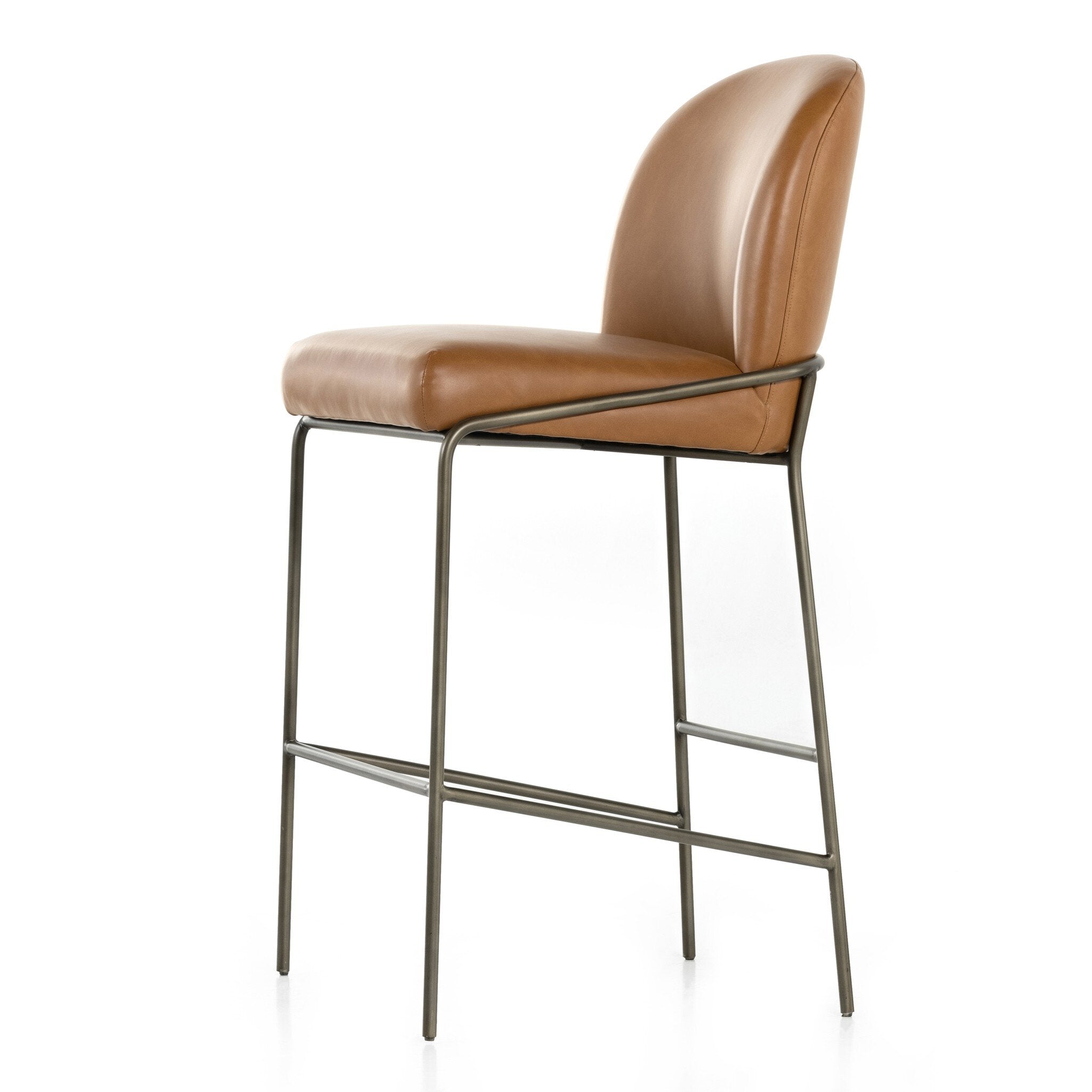 Brown bar stool with padded seat and arched back, black metal legs and footrest.