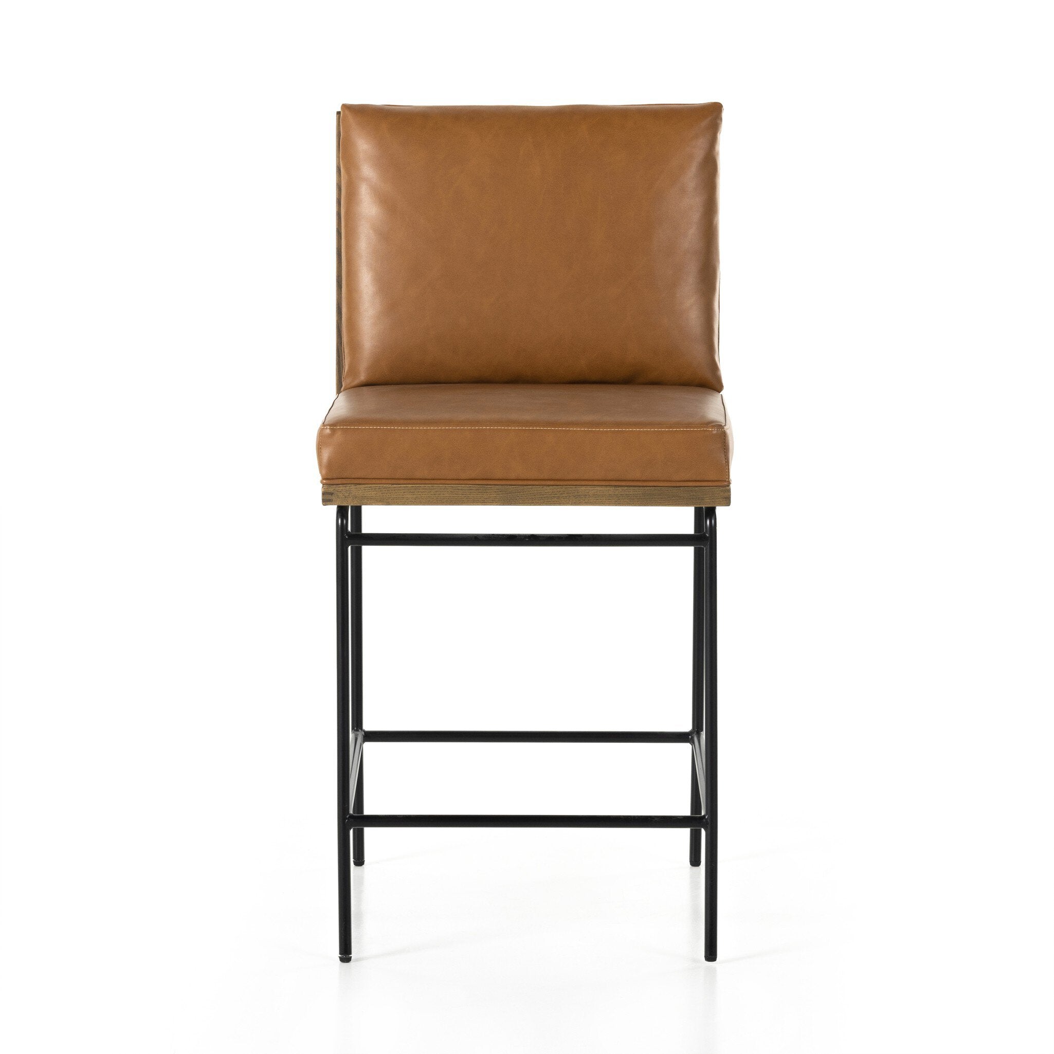 Counter stool with tan leather-look padded seat and tall back, black metal frame