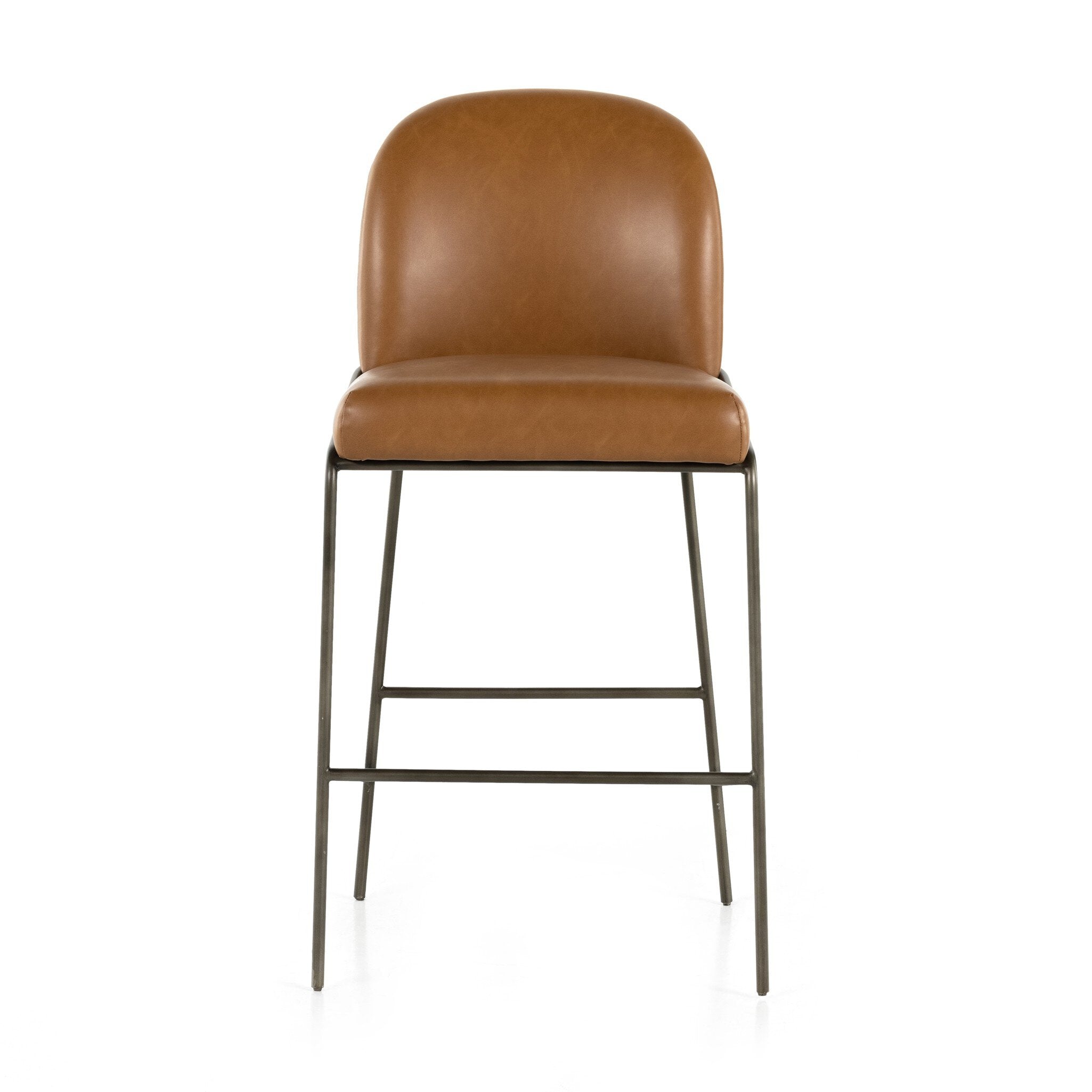 Brown bar stool with arched back, padded seat, and black metal legs.