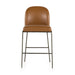 Brown bar stool with arched back, padded seat, and black metal legs.