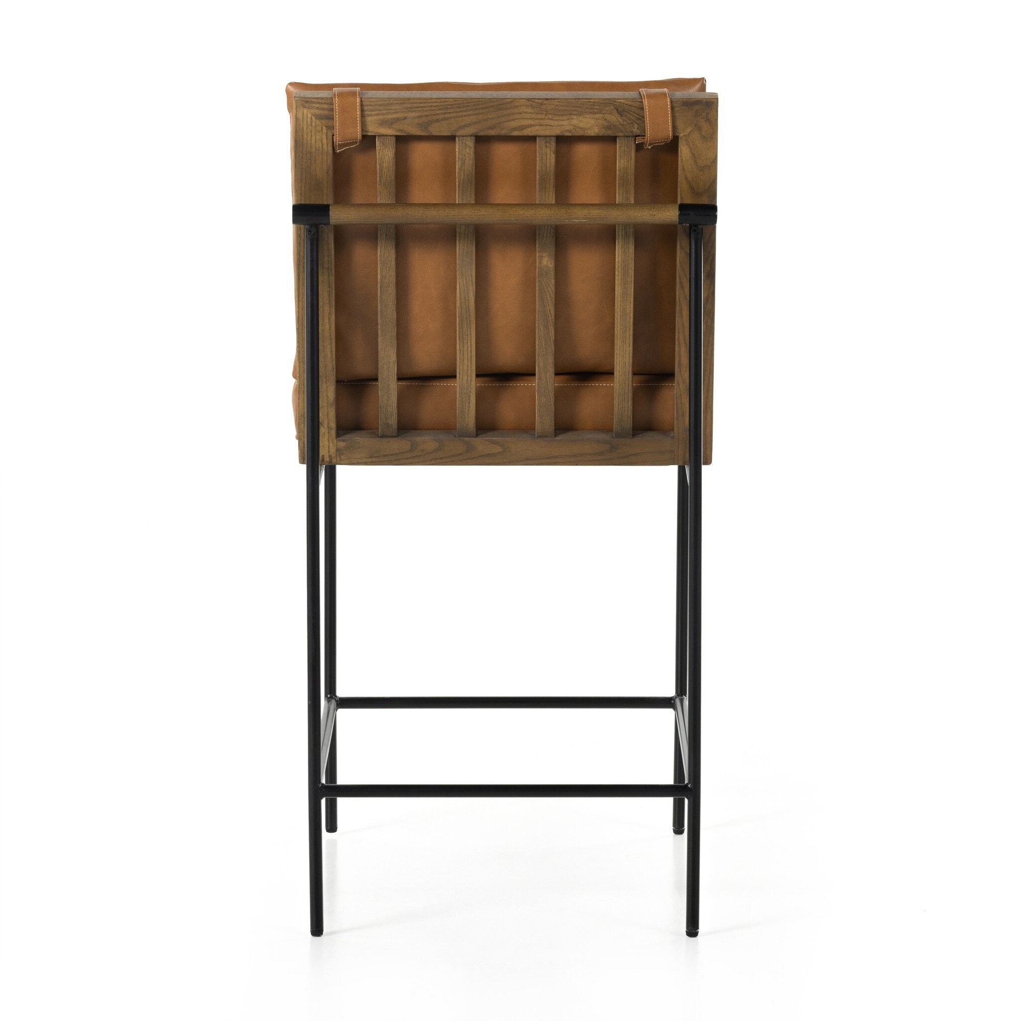 Counter stool with tan upholstered seat, wooden back slats, and black metal base