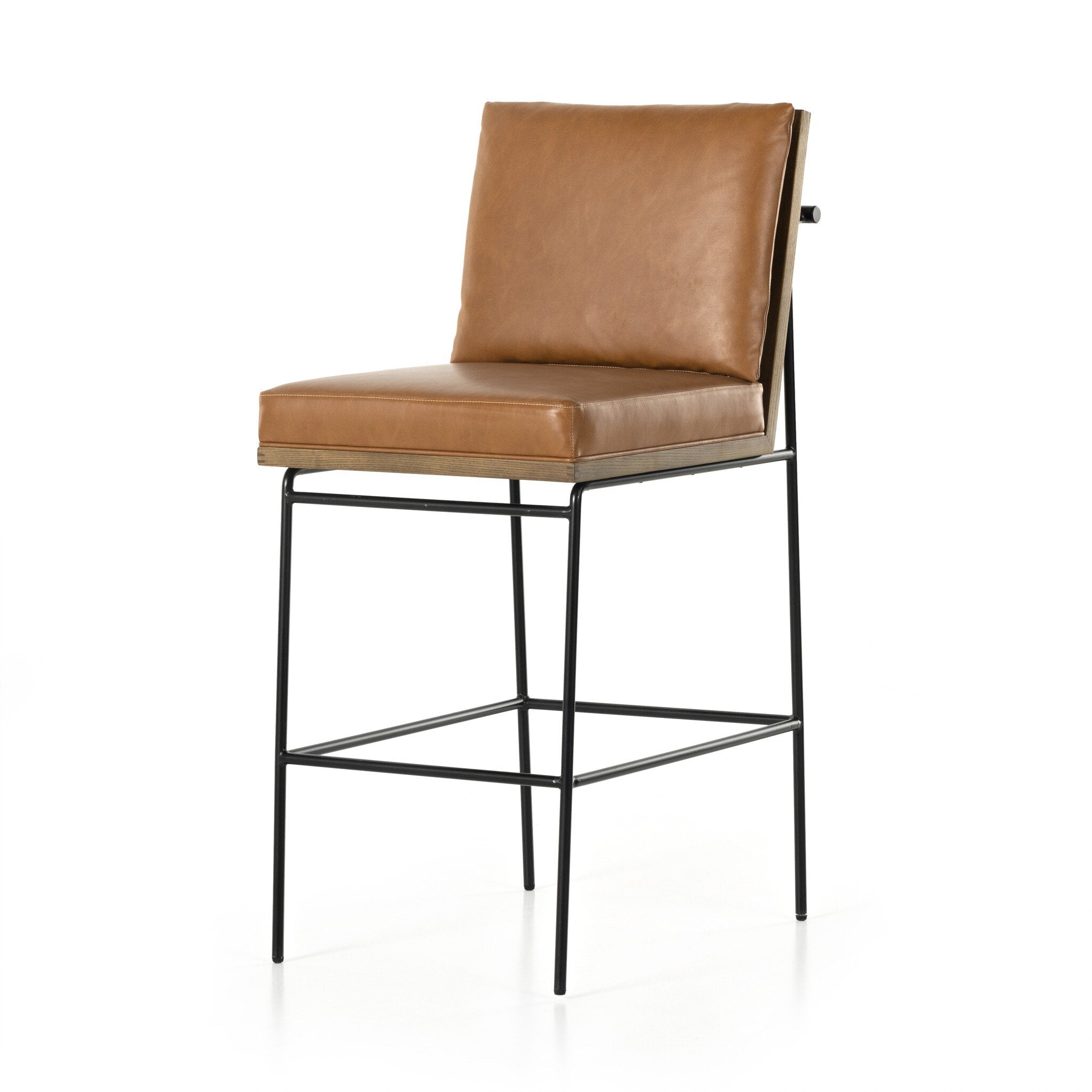 Crete bar stool front 3/4 view with tan seat, tall back, and black frame