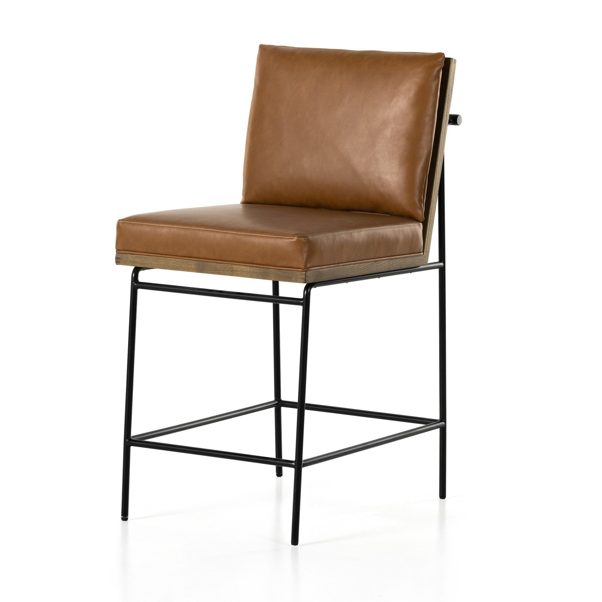 Counter stool with brown leather-look seat cushion and tall back, black metal legs