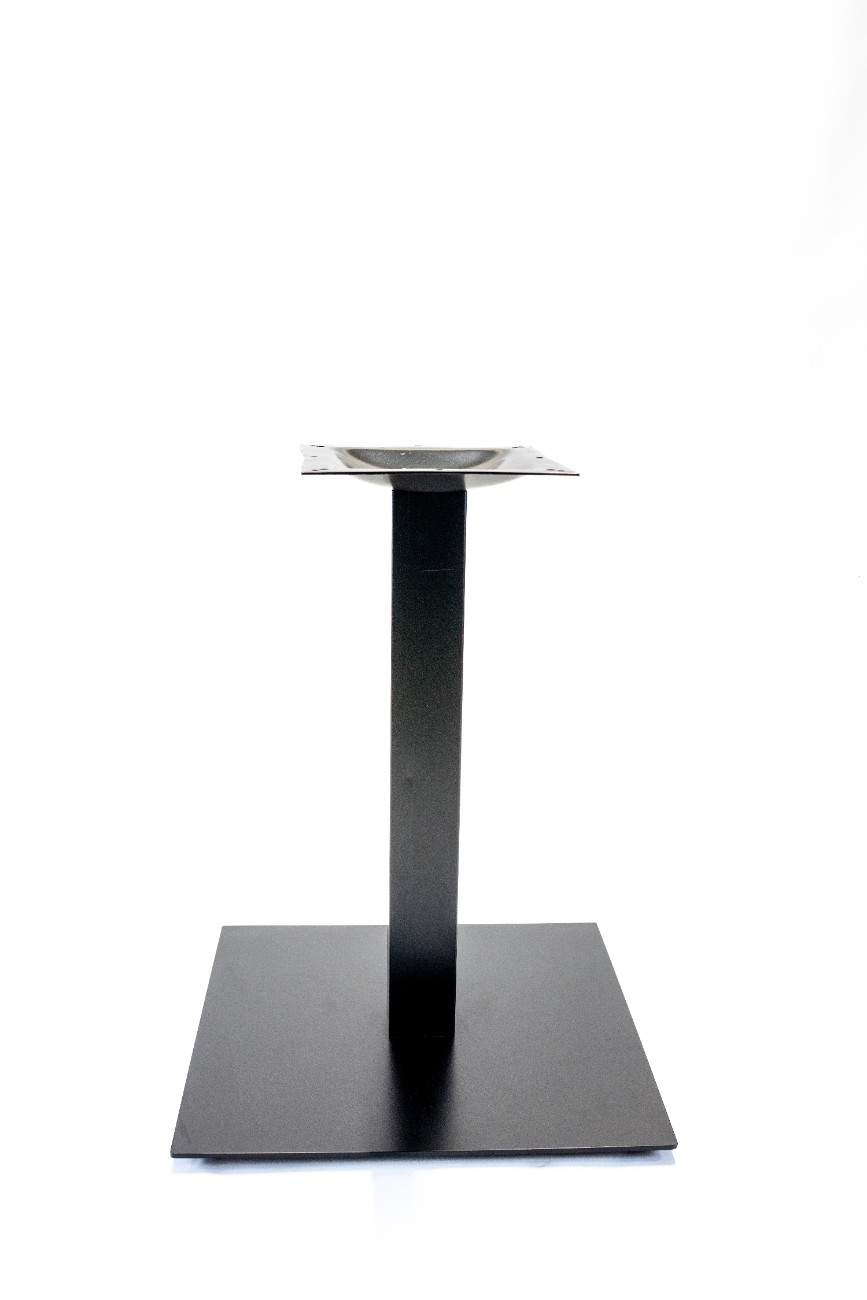 Satin-finish metal table base with pedestal column and wide square base plate