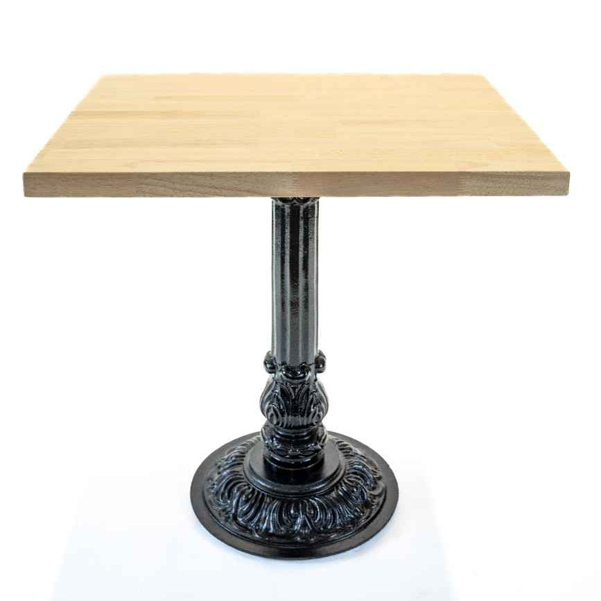 Square table with a wooden top and decorative metal pedestal base on a white background