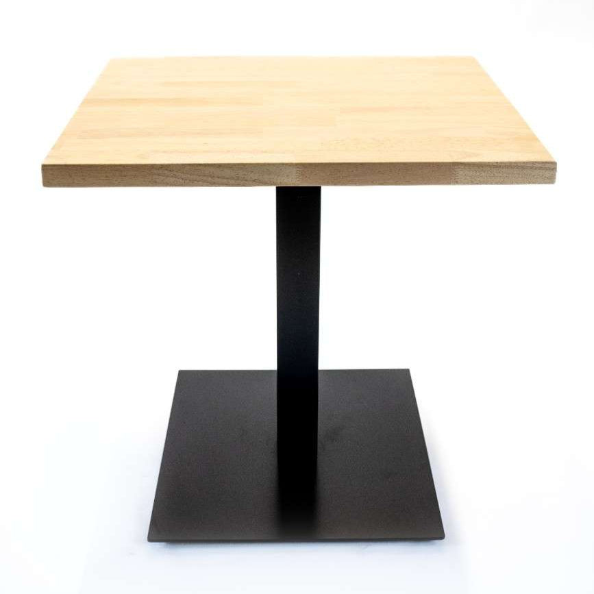 Metal table base with black pedestal column and square base plate under a light wood top