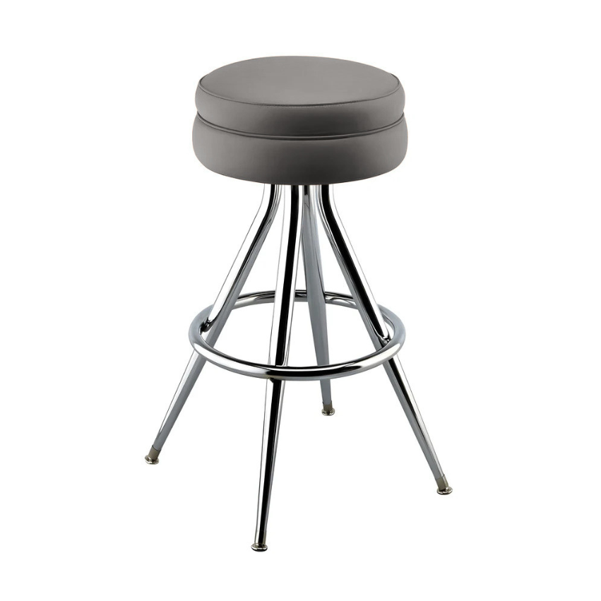 Stone Gray Briar Bar Stool with upholstered seat, featuring polished chrome frame with a built-in footrest