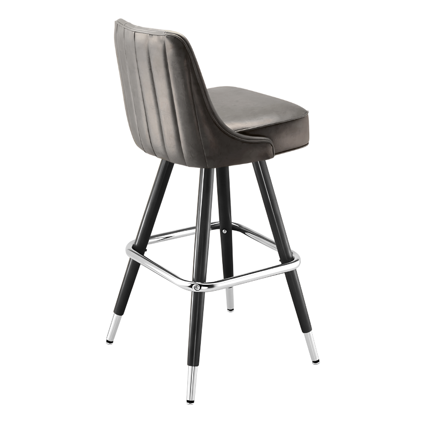 Stone Gray Delano channel bar stool featuring vertical channel stitching and a clean-lined upholstered seat with a sturdy black metal frame