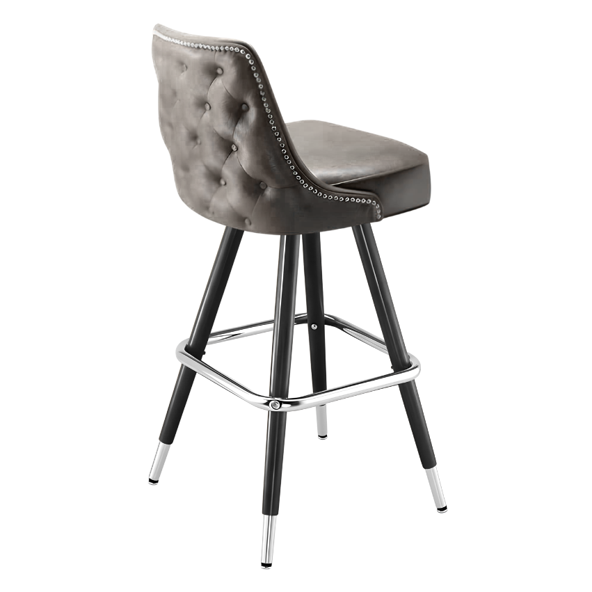 Stone Gray Hamilton nailhead bar stool featuring button tufting and a 90-degree auto-return black metal swivel base with metallic nailhead trim