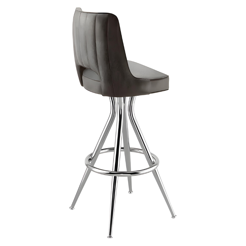 Stone Gray Modern Rowan bar stool featuring a softly cushioned swivel seat and a grounded metal frame with clean architectural lines for hospitality use