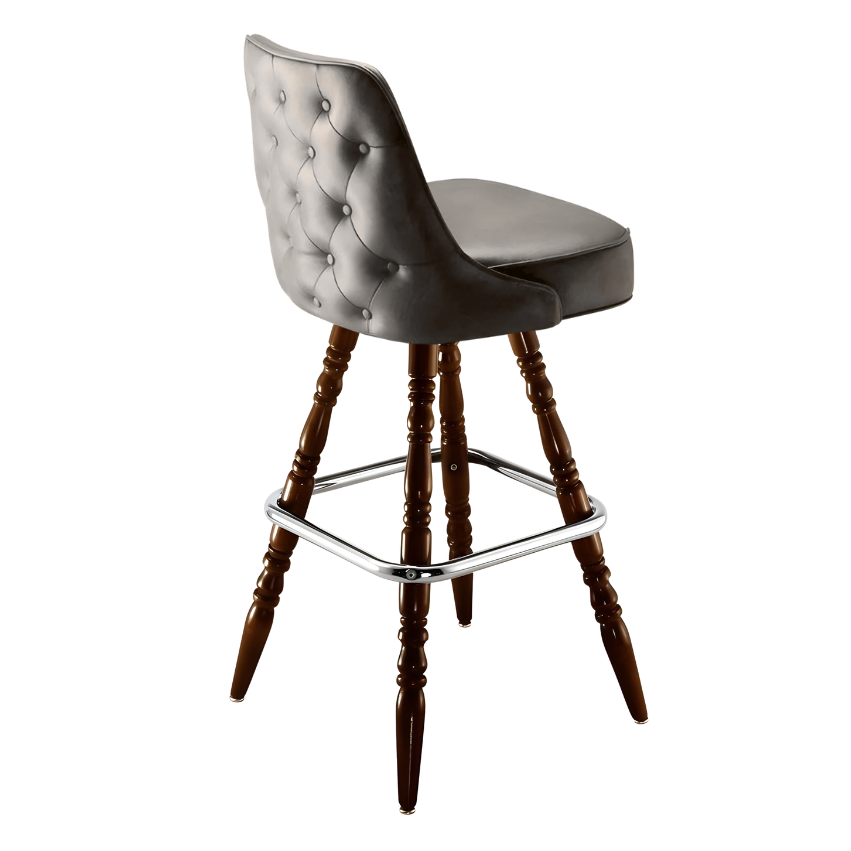 Stone Gray Montgomery outer tufted bar stool featuring deep button tufting on the backrest and a plush upholstered seat with a sturdy wood frame