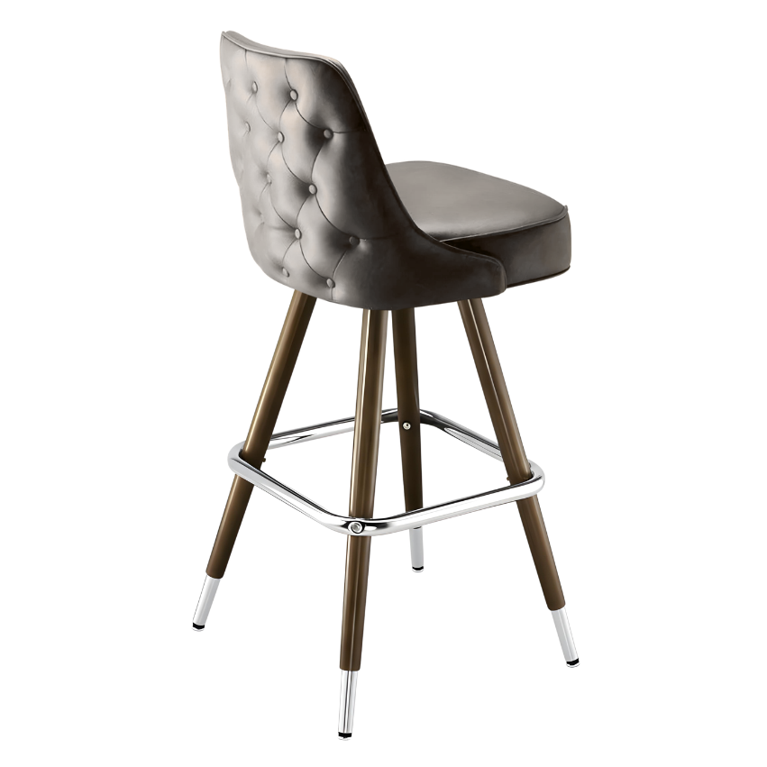 Stone Gray Montgomery outer tufted bar stool featuring deep button tufting on the backrest and a plush upholstered seat with a sturdy wood metal frame