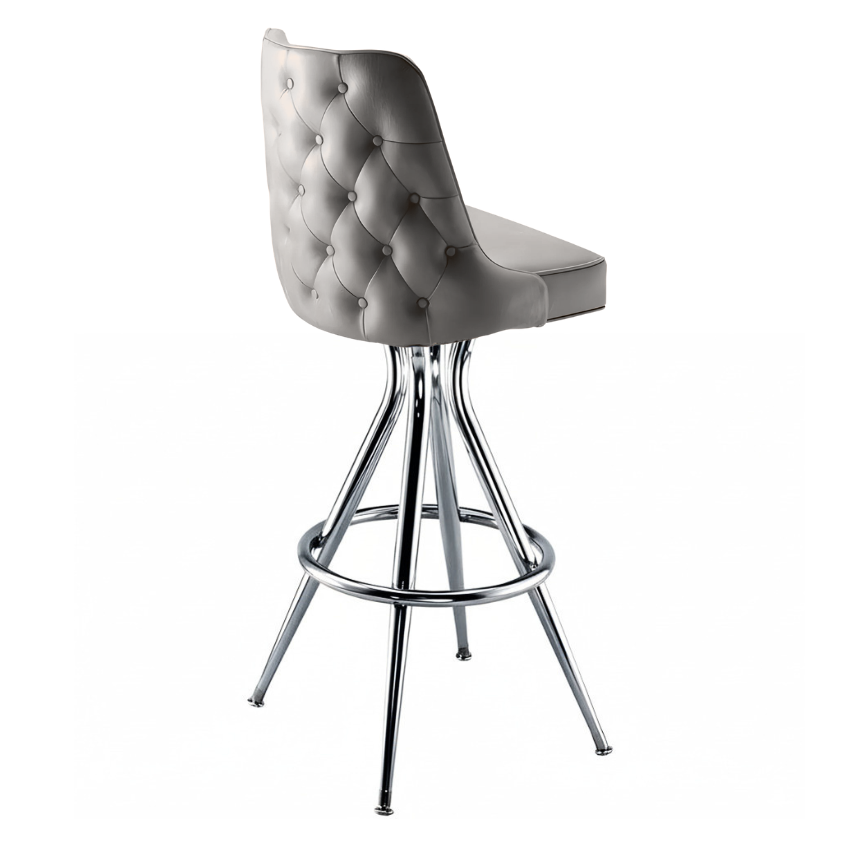 Stone Grey Adler Bar Stool with a curved upholstered backrest and seat, featuring a sleek four-leg chrome frame and footrest