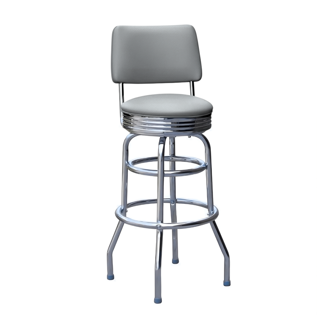 Stone Grey Belmont Double Ring Bar Stool by Social Design Supply Co: A vintage-inspired commercial bar stool with a padded backrest and chrome double-ring base for upscale hospitality seating