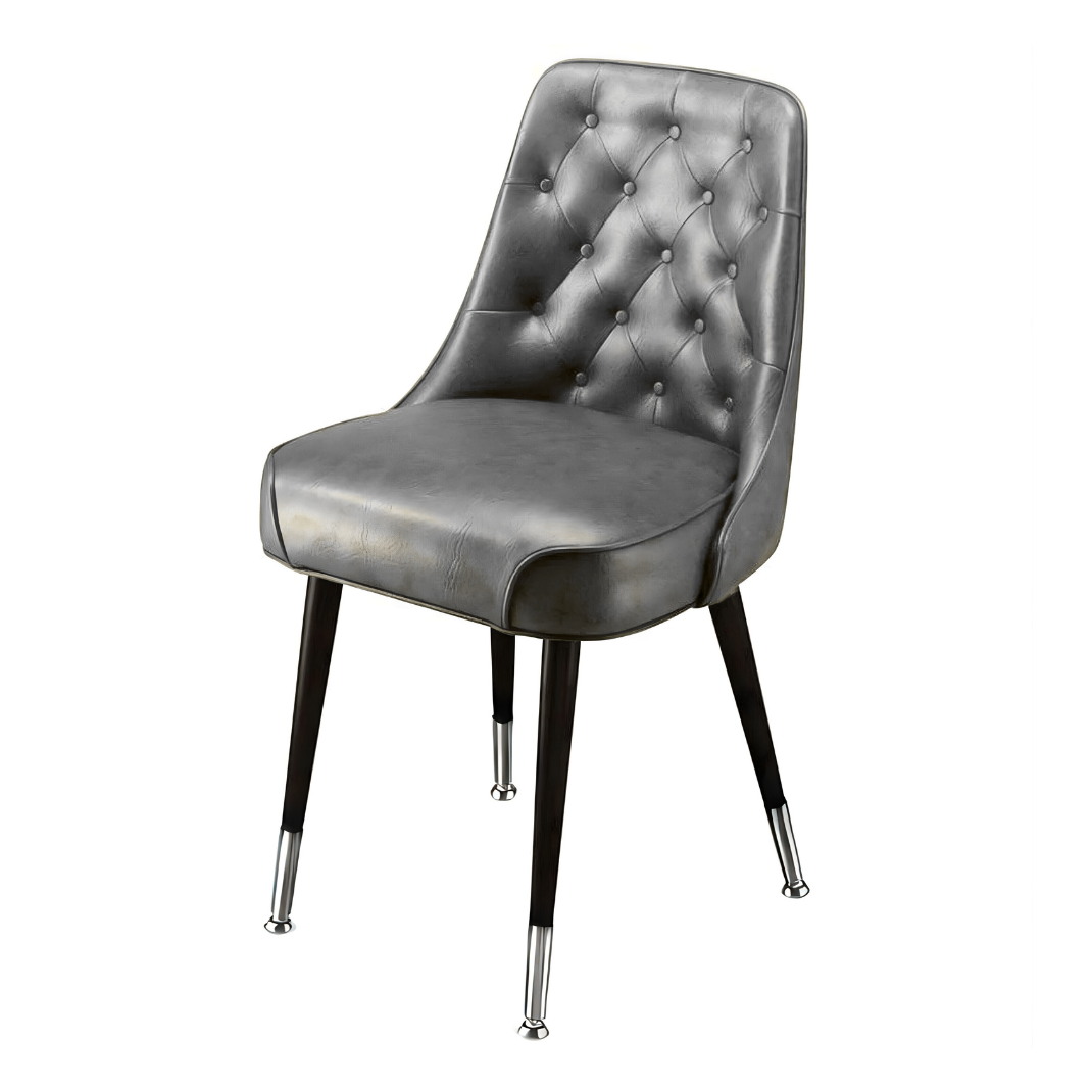 Stone Grey Brighton Club Chair bucket seat in black vinyl with polished chrome leg detailing for modern dining