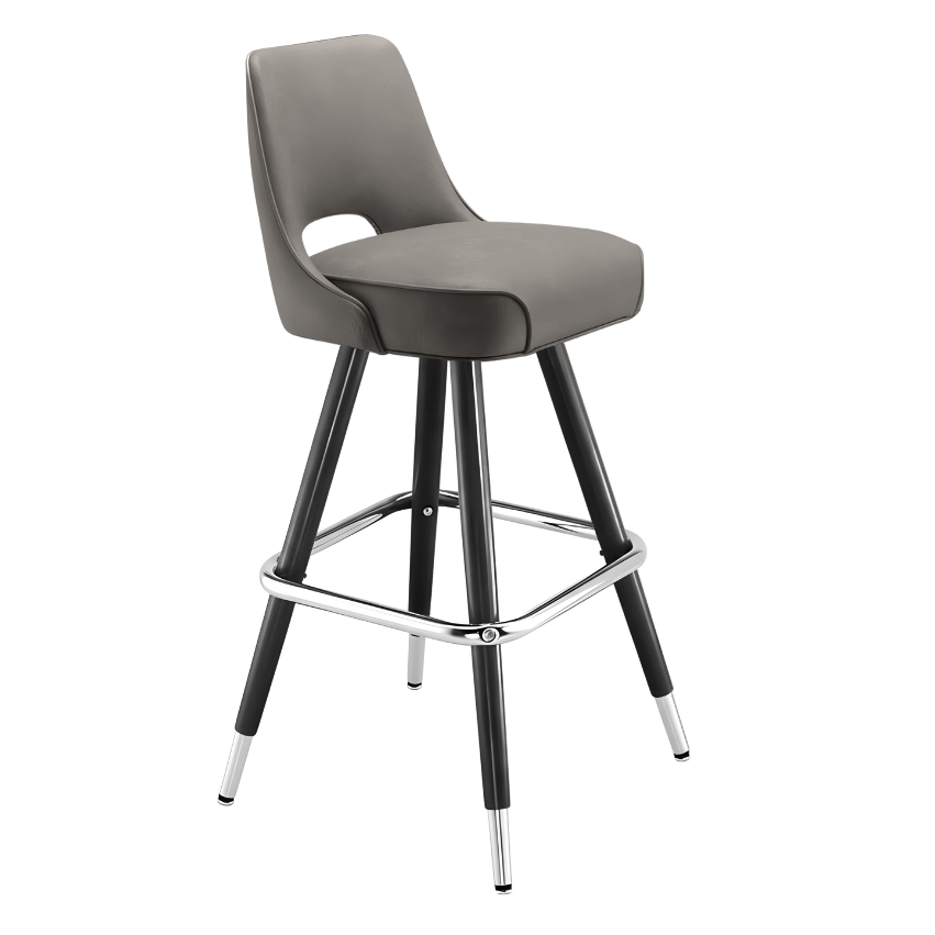 Stone Grey Celine modern bar stool featuring a sculptural cutout back and a softly cushioned upholstered seat with a minimalist black metal frame