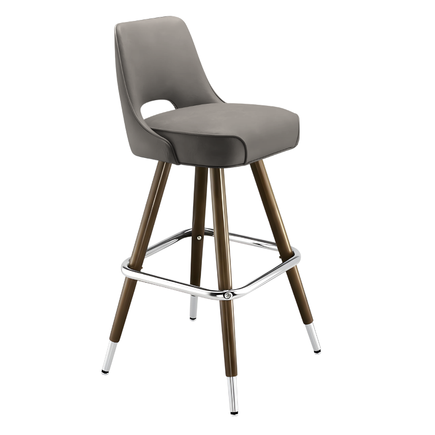 Stone Grey Celine modern bar stool featuring a sculptural cutout back and a softly cushioned upholstered seat with a minimalist wood metal frame