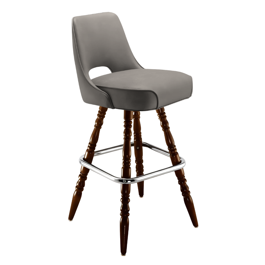 Stone Grey Celine modern bar stool featuring a sculptural cutout back and a softly cushioned upholstered seat with a minimalist wooden frame