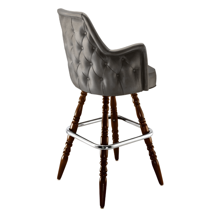 Stone Grey Chester high back bar stool featuring deep button tufting and a tall upholstered backrest with a slim wood frame