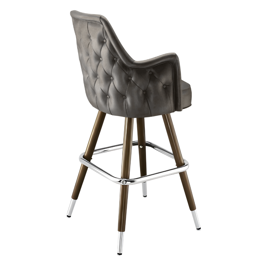 Stone Grey Chester high back bar stool featuring deep button tufting and a tall upholstered backrest with a slim wood metal frame